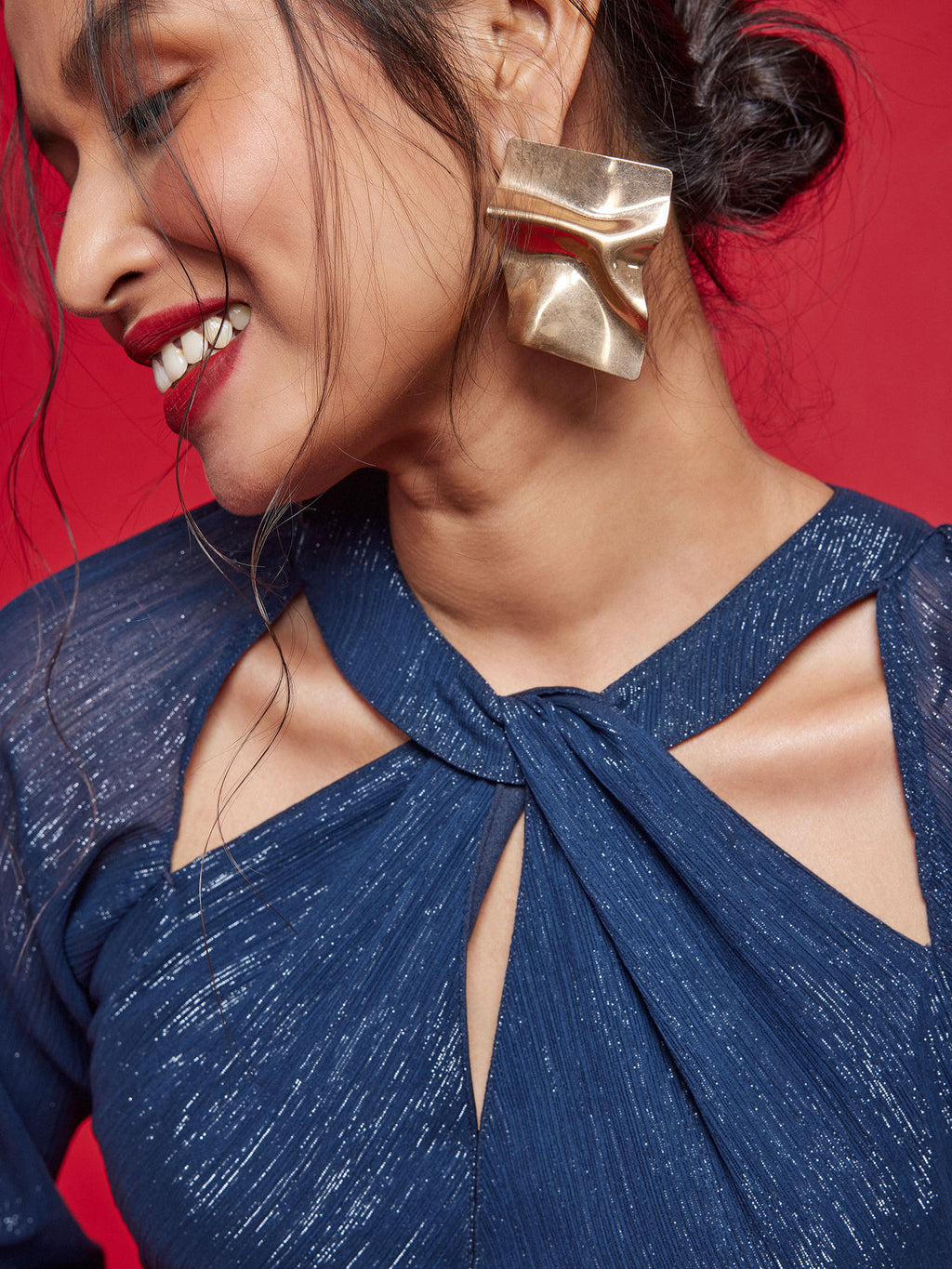 Navy Twisted Neckline Midi Dress