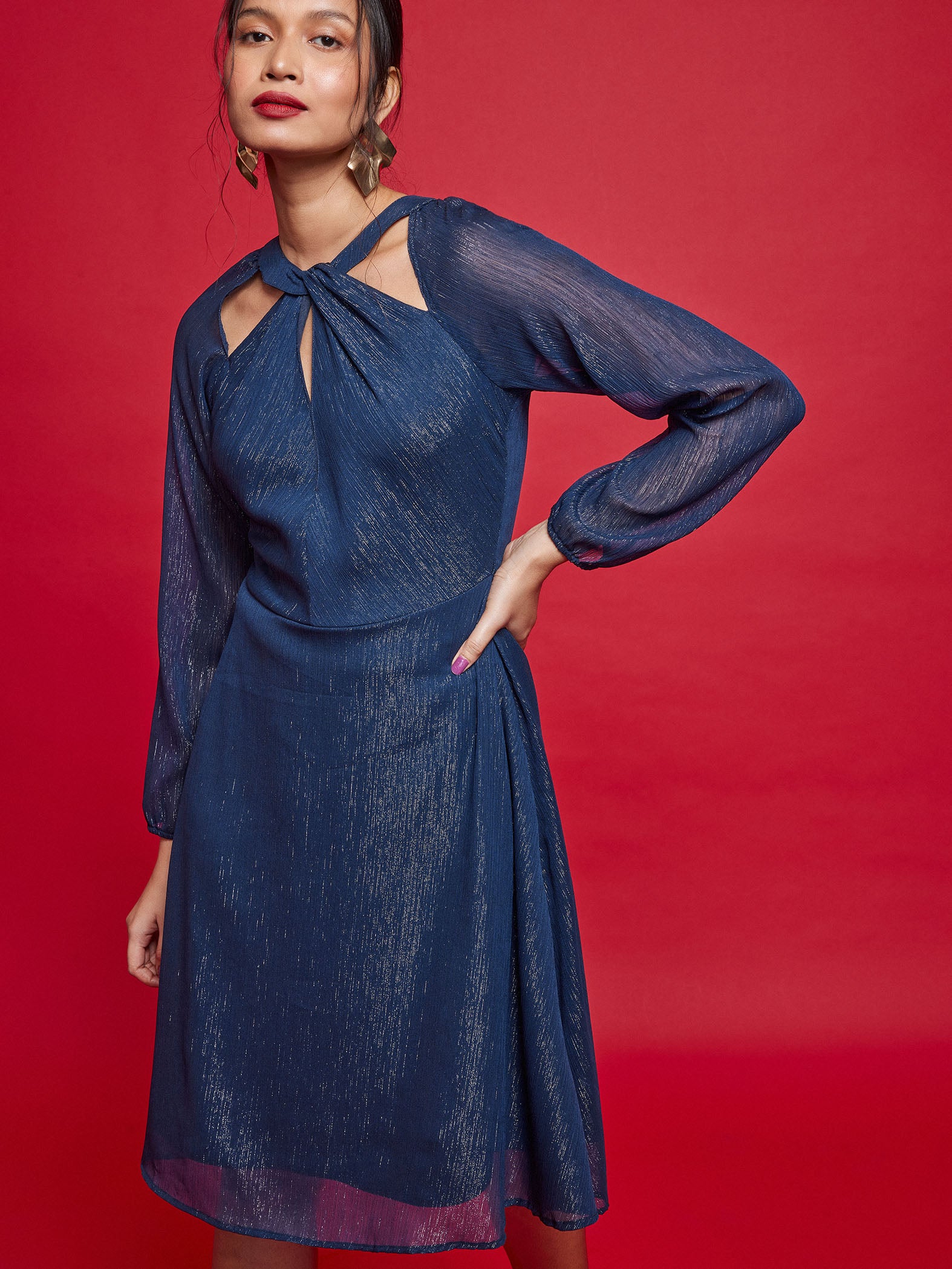 Navy Twisted Neckline Midi Dress