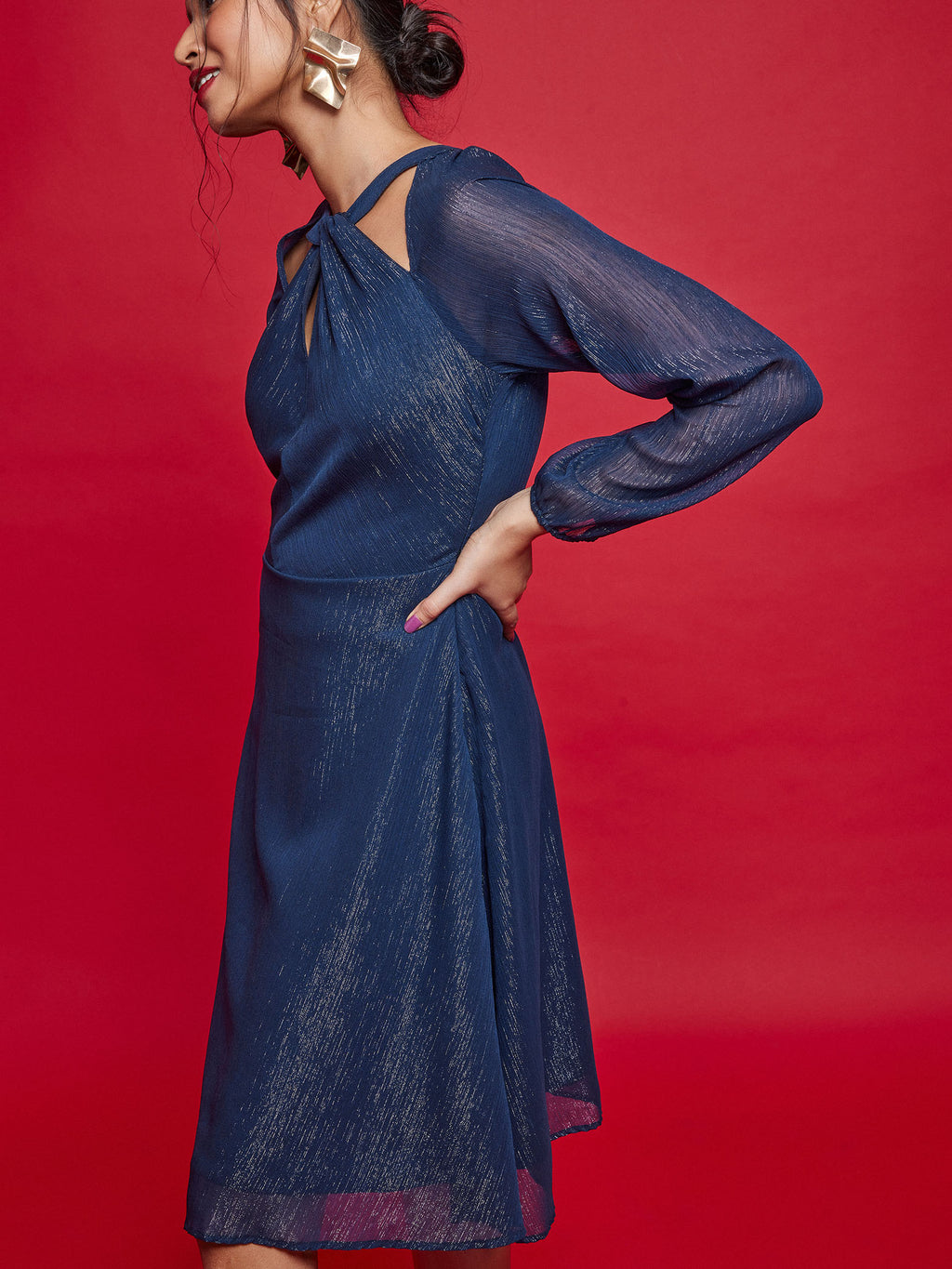 Navy Twisted Neckline Midi Dress