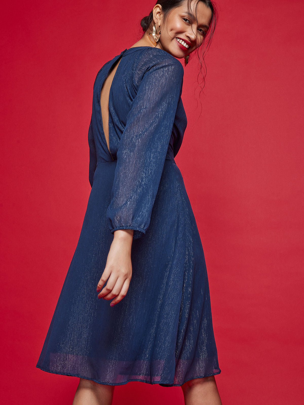 Navy Twisted Neckline Midi Dress