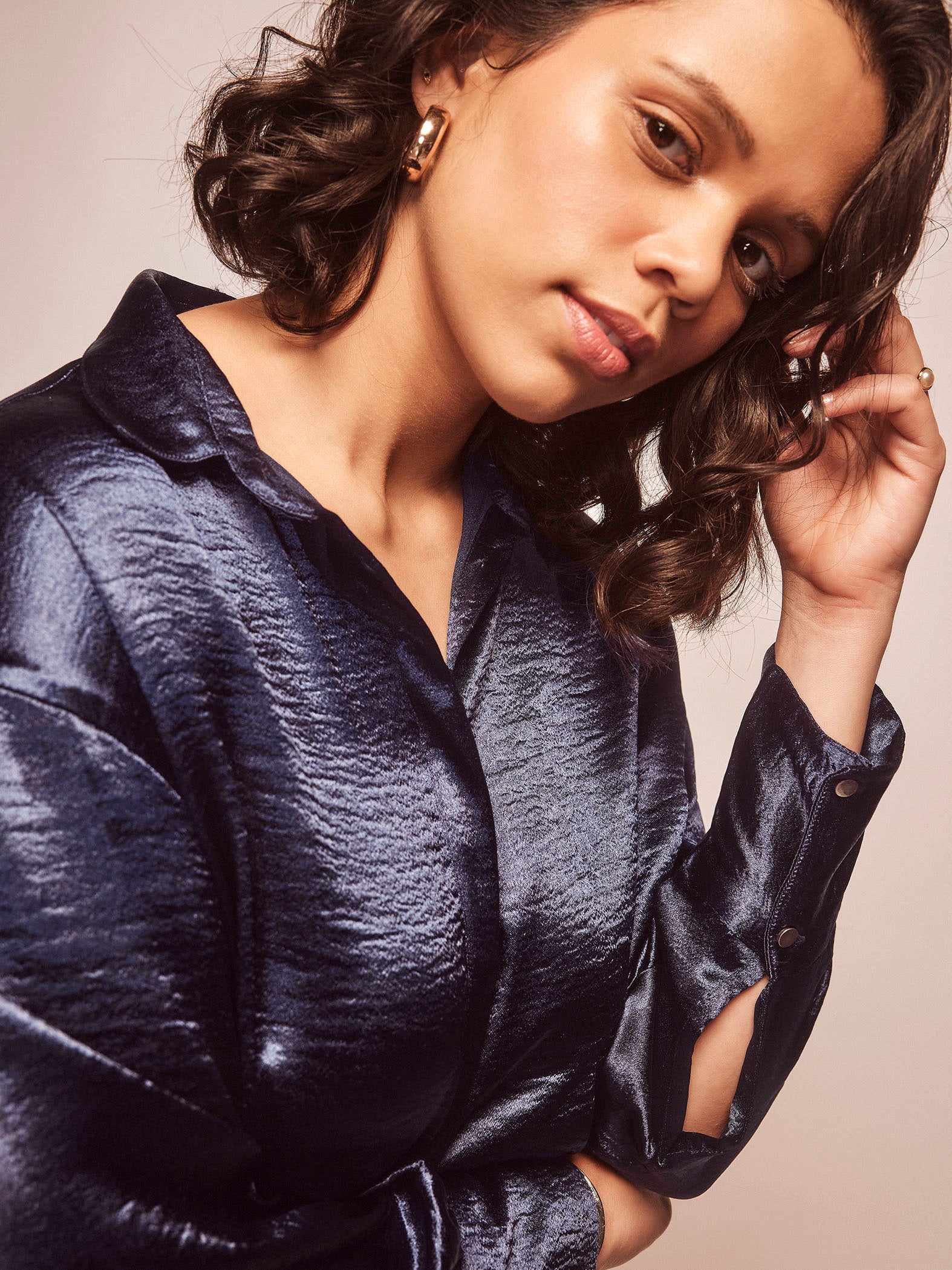 Navy V Neck Satin Shirt