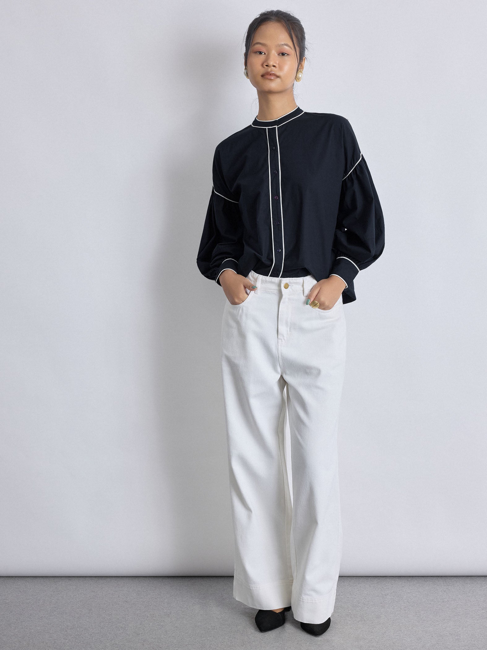 Navy & White Balloon Sleeve Shirt