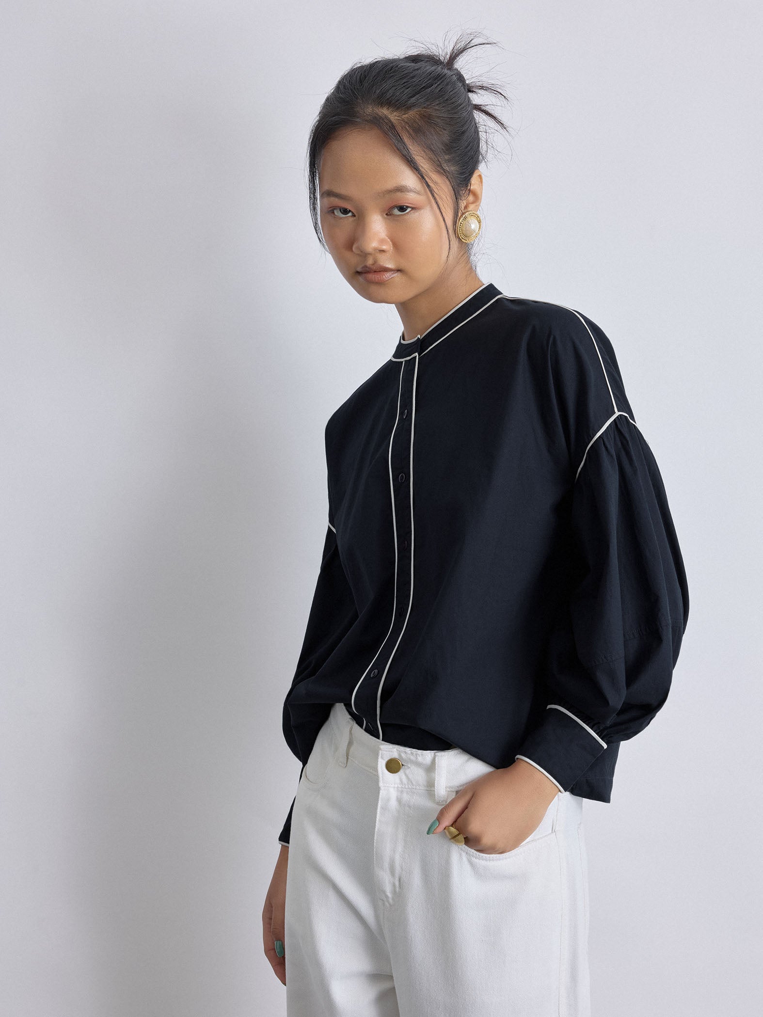 Navy & White Balloon Sleeve Shirt