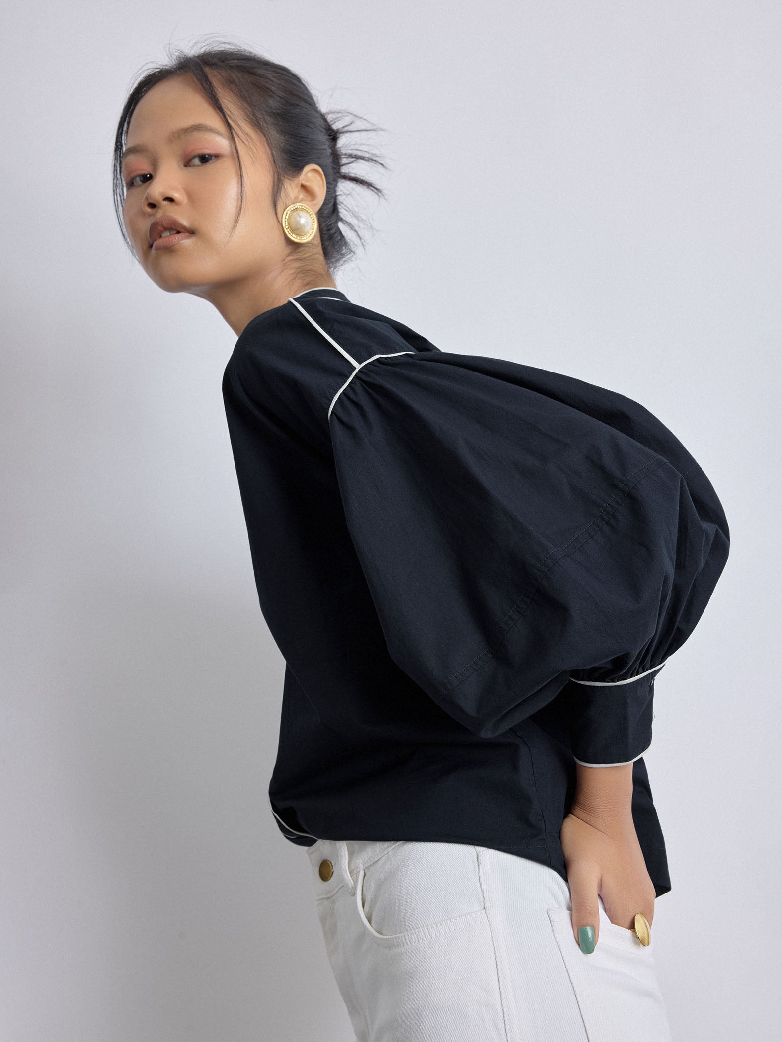 Navy & White Balloon Sleeve Shirt