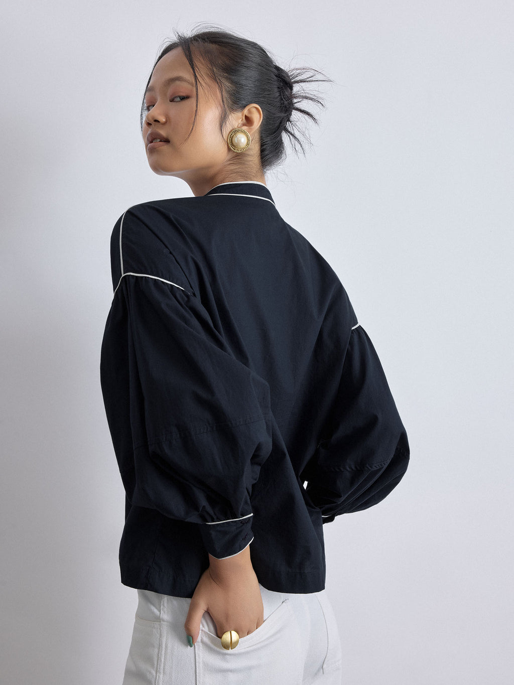 Navy & White Balloon Sleeve Shirt