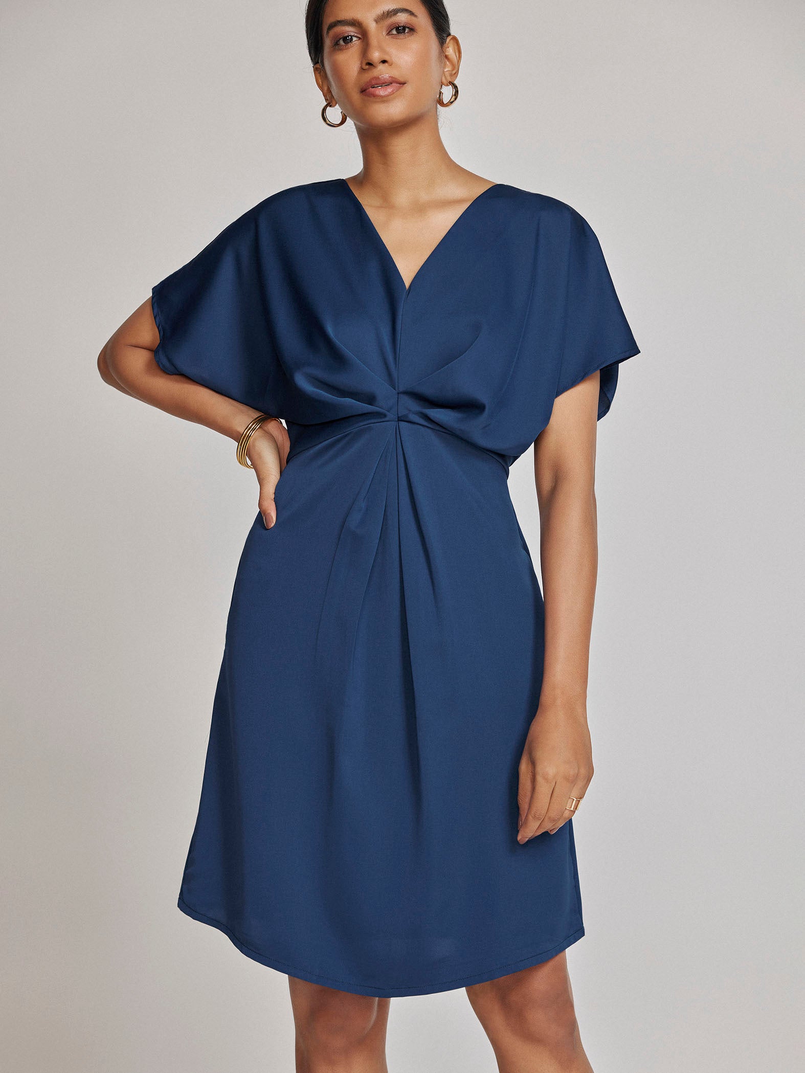 Navy Satin Gathered Dress