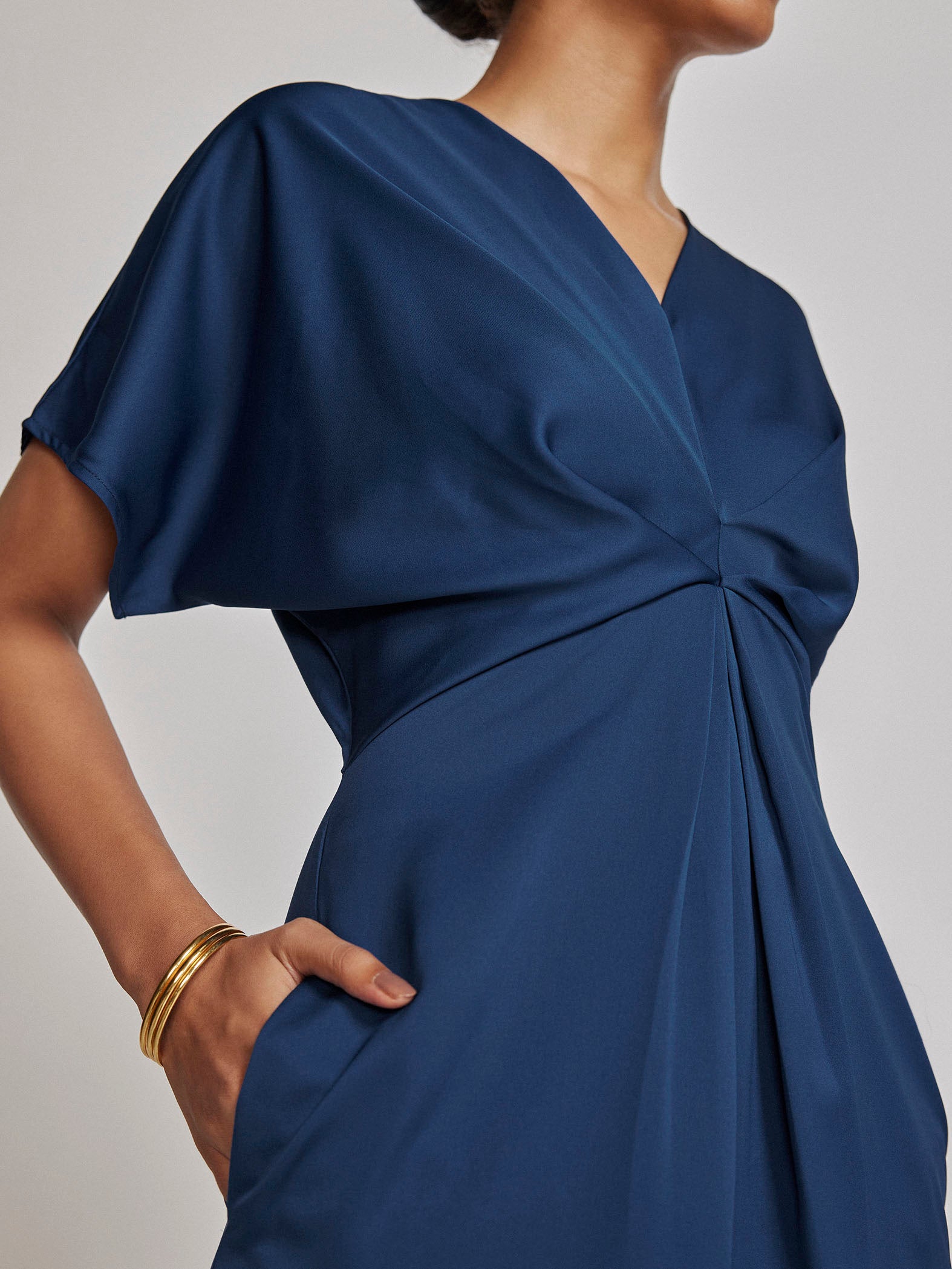 Navy Satin Gathered Dress