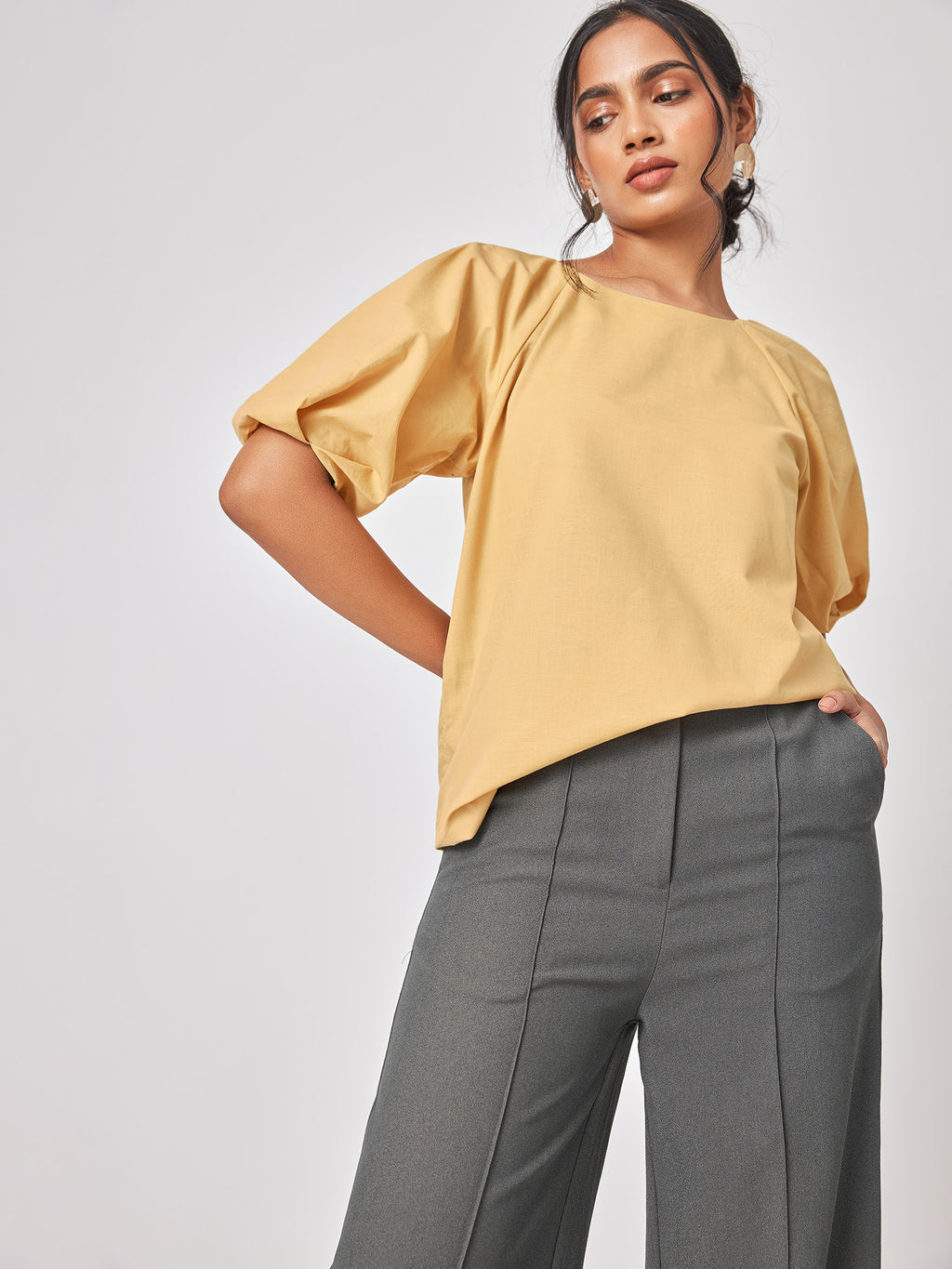 Ochre Linen Pleated Sleeve Top