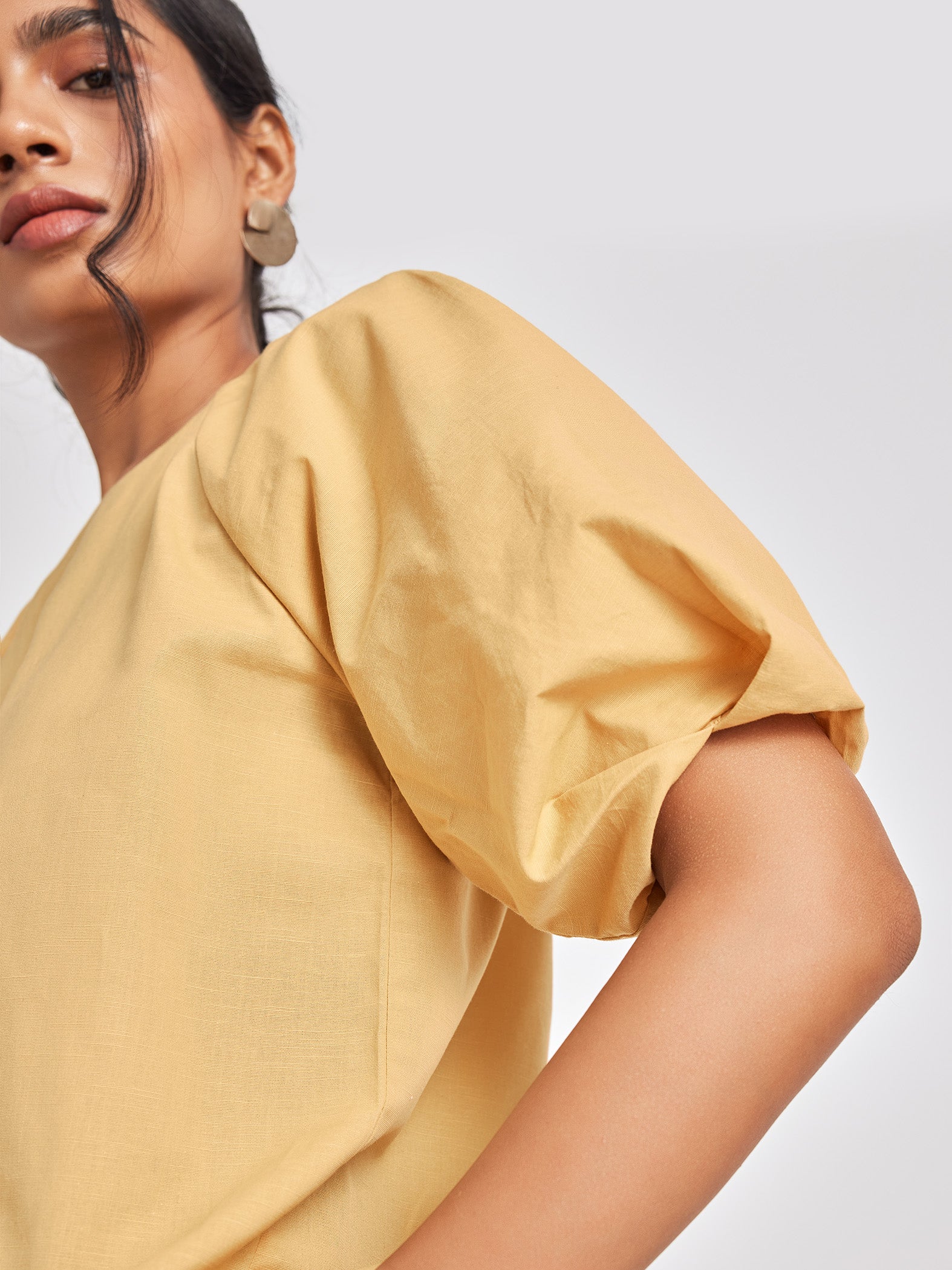 Ochre Linen Pleated Sleeve Top