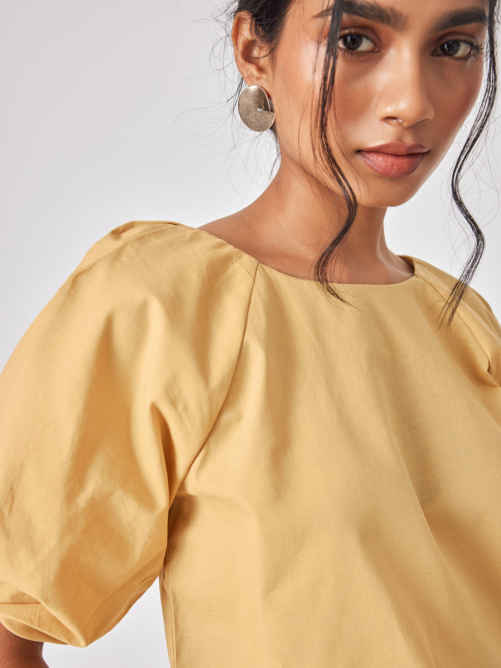 Ochre Linen Pleated Sleeve Top