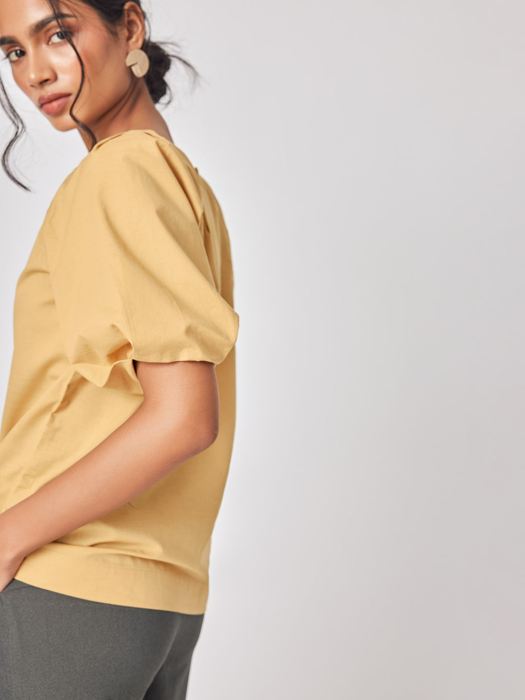 Ochre Linen Pleated Sleeve Top