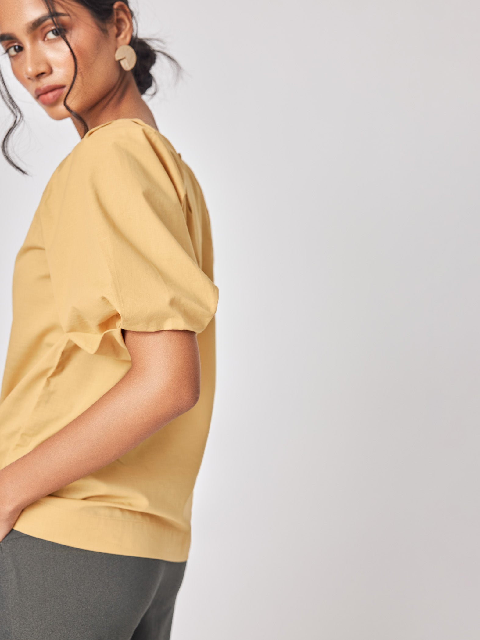 Ochre Linen Pleated Sleeve Top