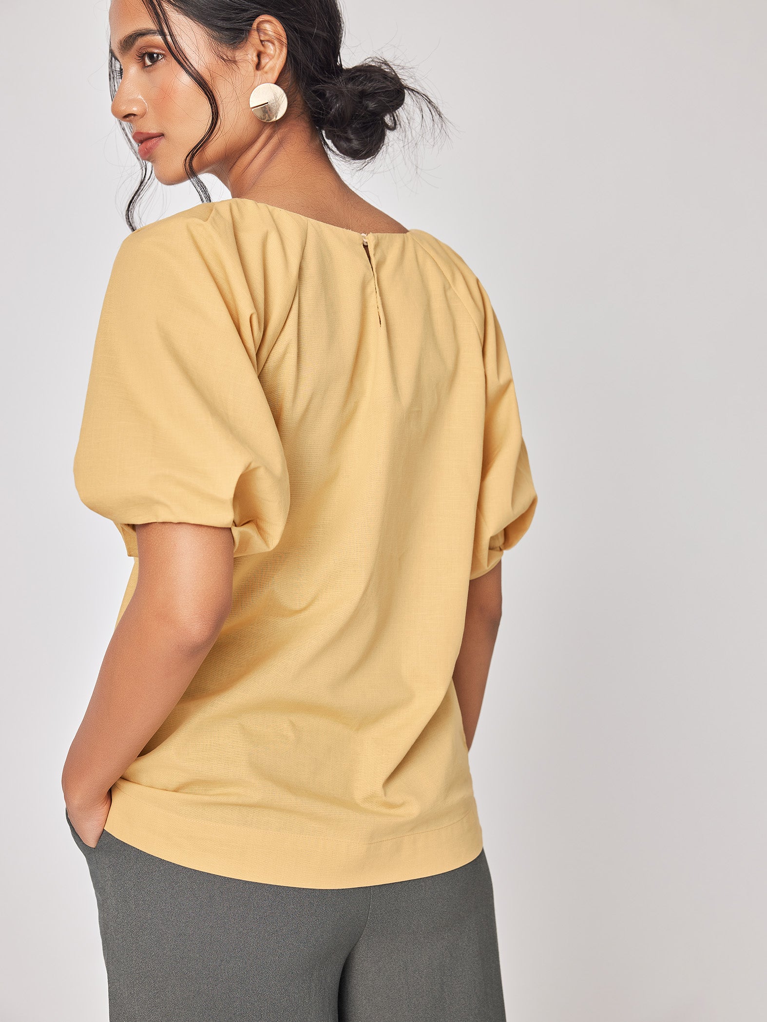 Ochre Linen Pleated Sleeve Top