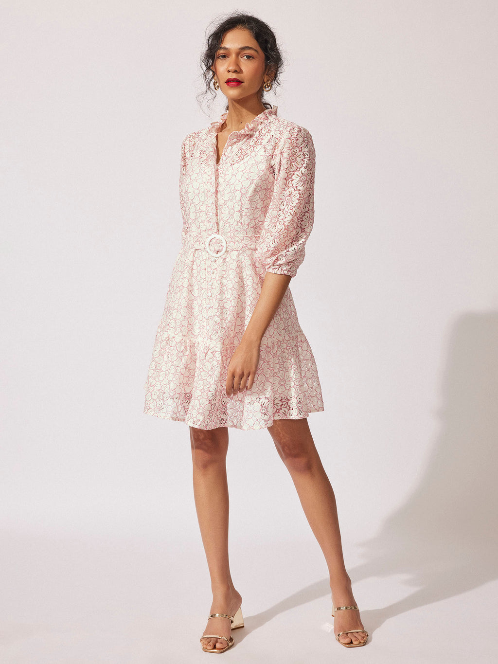 Off White Lace Belted Dress