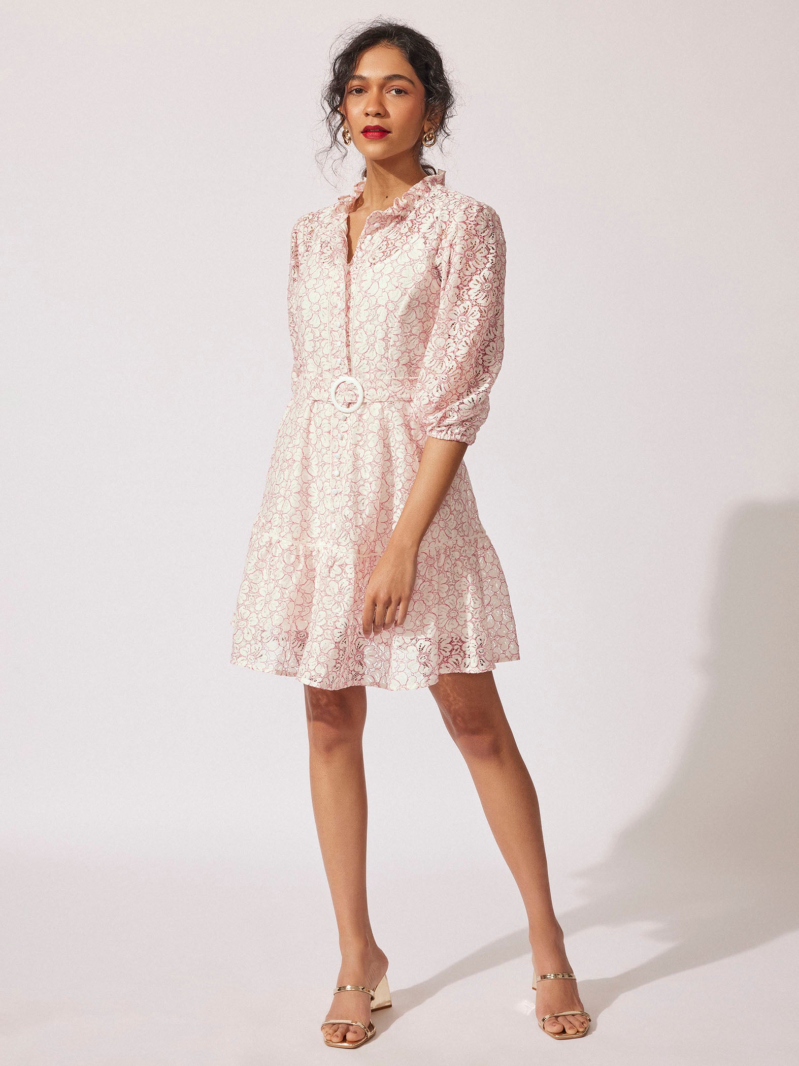 Off White Lace Belted Dress