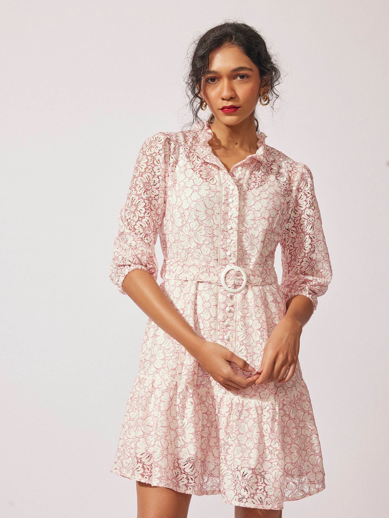 Off White Lace Belted Dress
