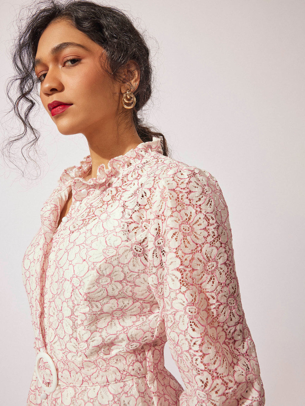 Off White Lace Belted Dress