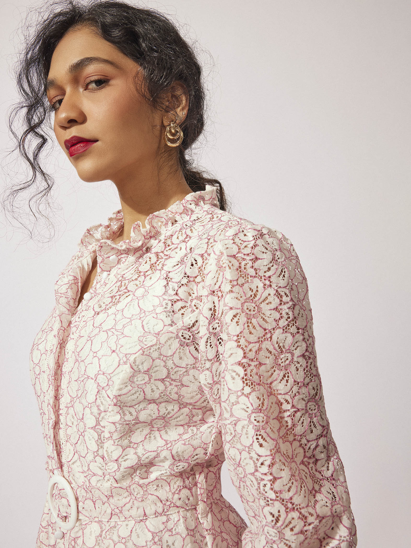 Off White Lace Belted Dress