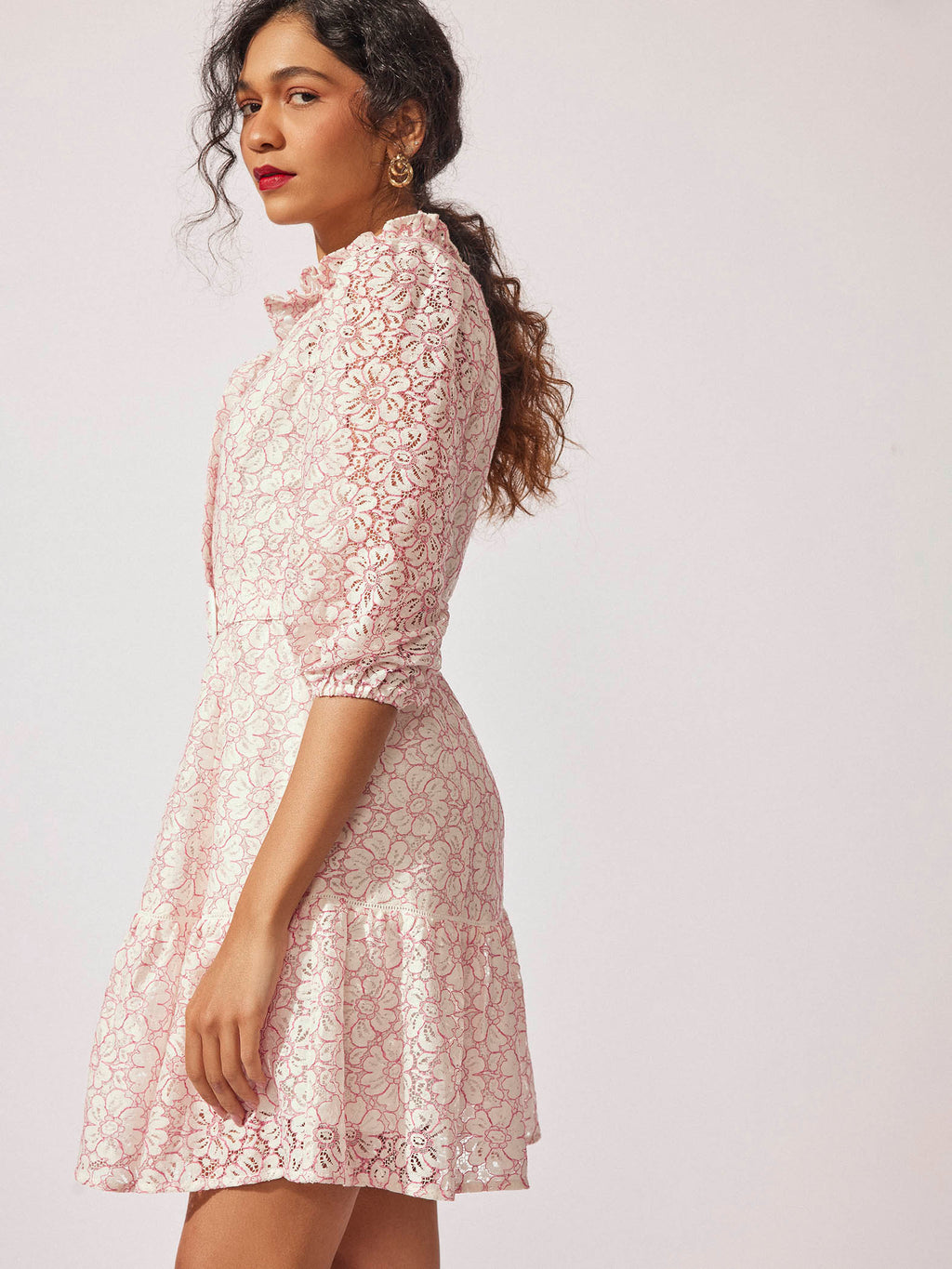 Off White Lace Belted Dress