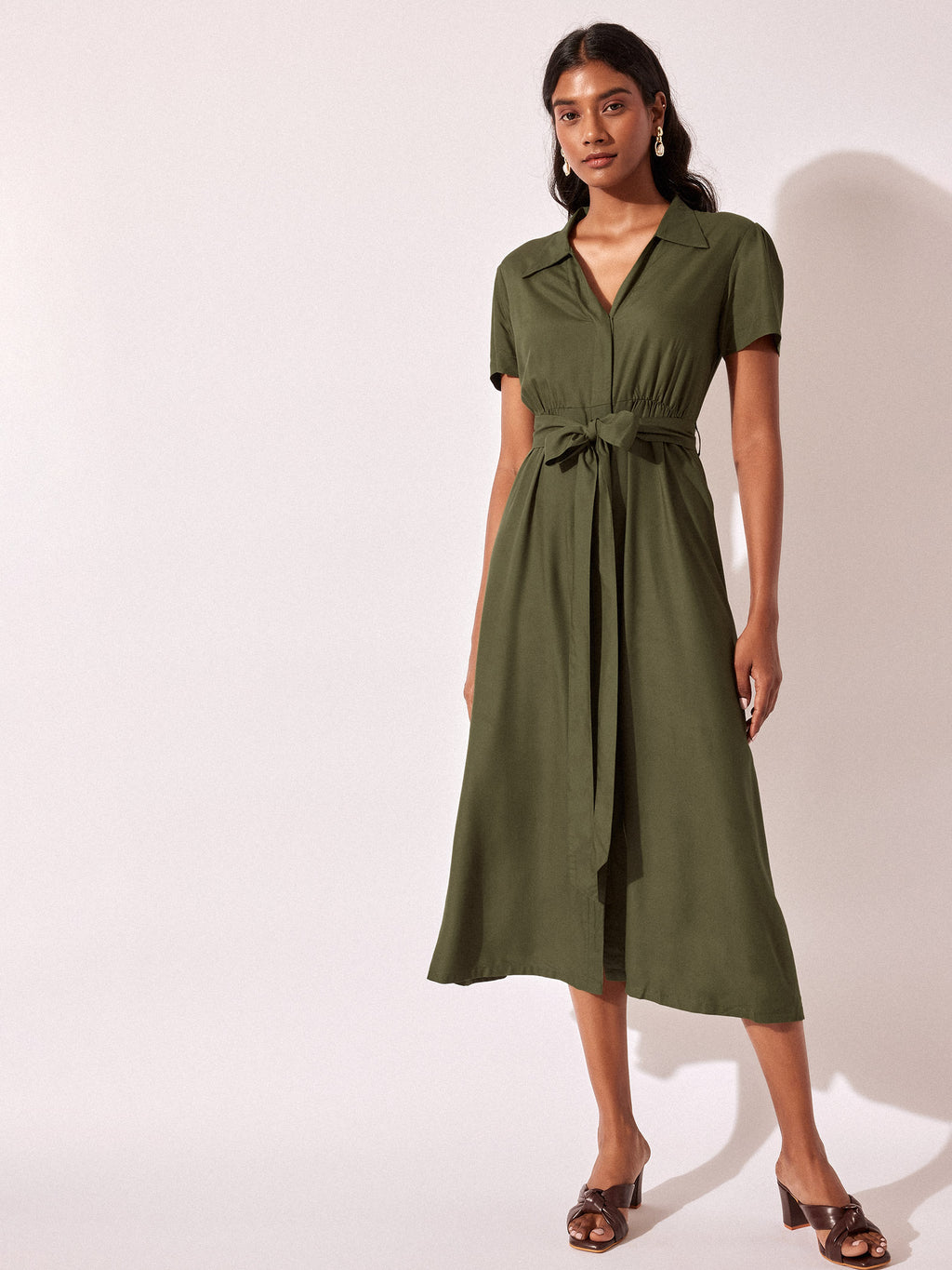 Olive Belted Midi Dress