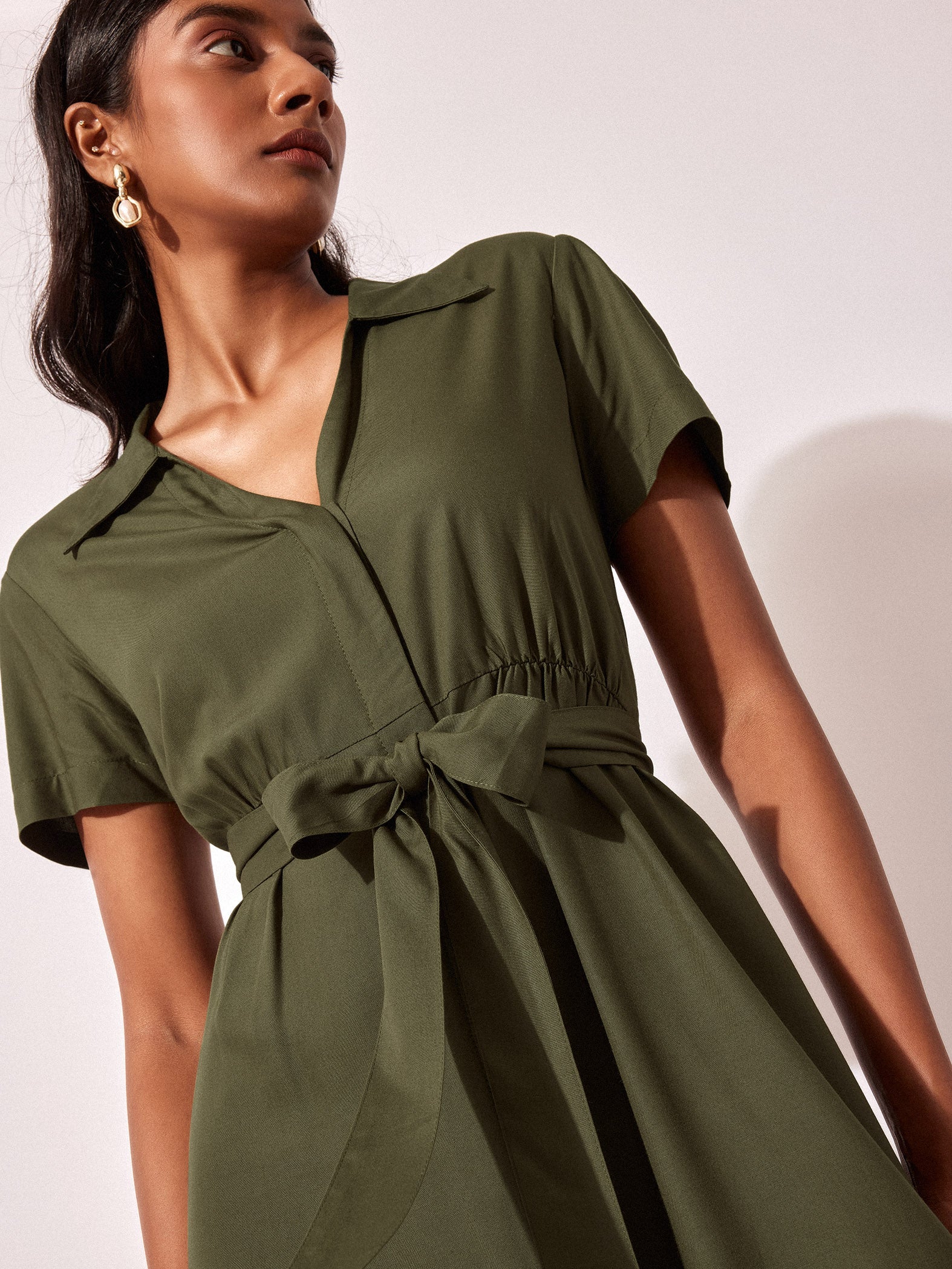 Olive Belted Midi Dress