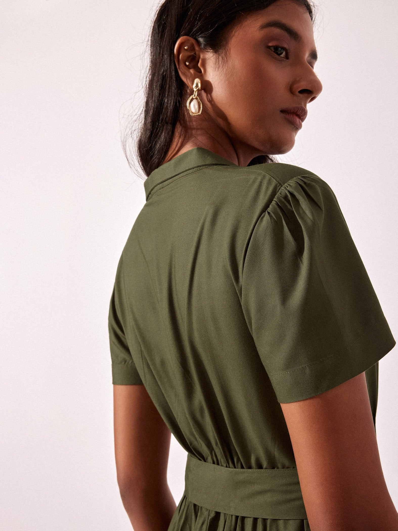 Olive Belted Midi Dress