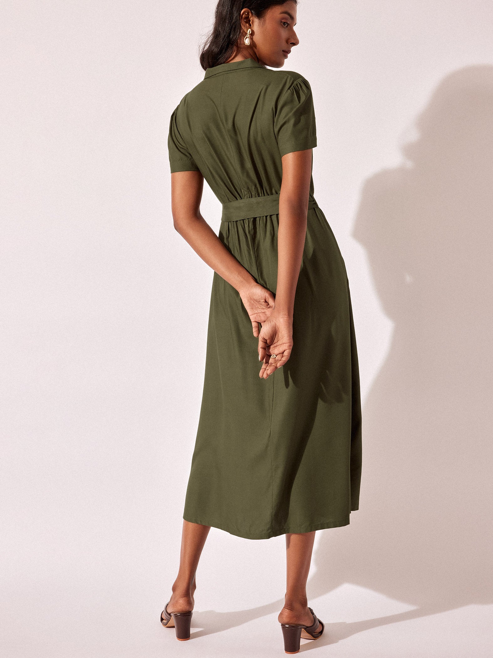 Olive Belted Midi Dress