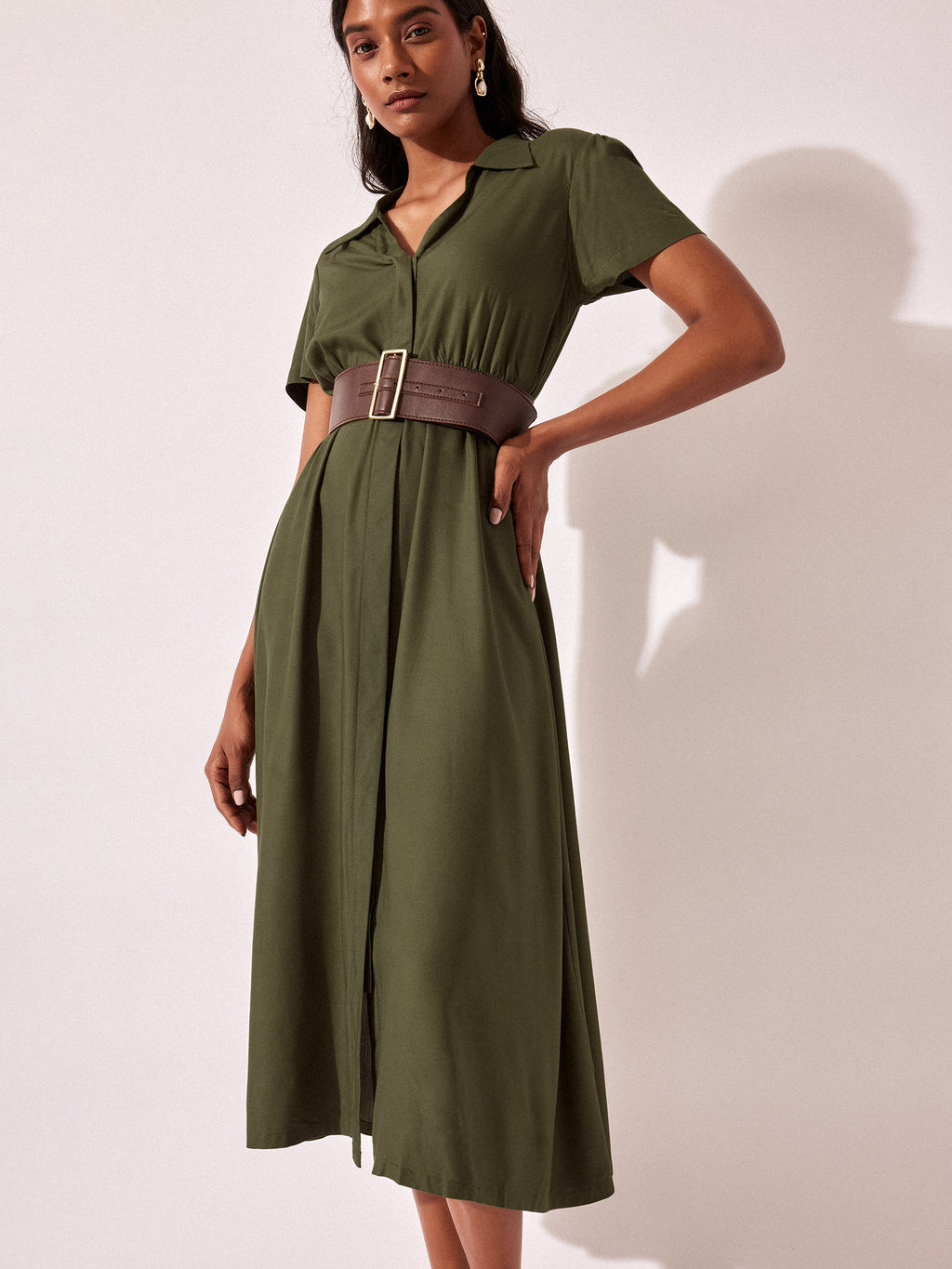 Olive Belted Midi Dress