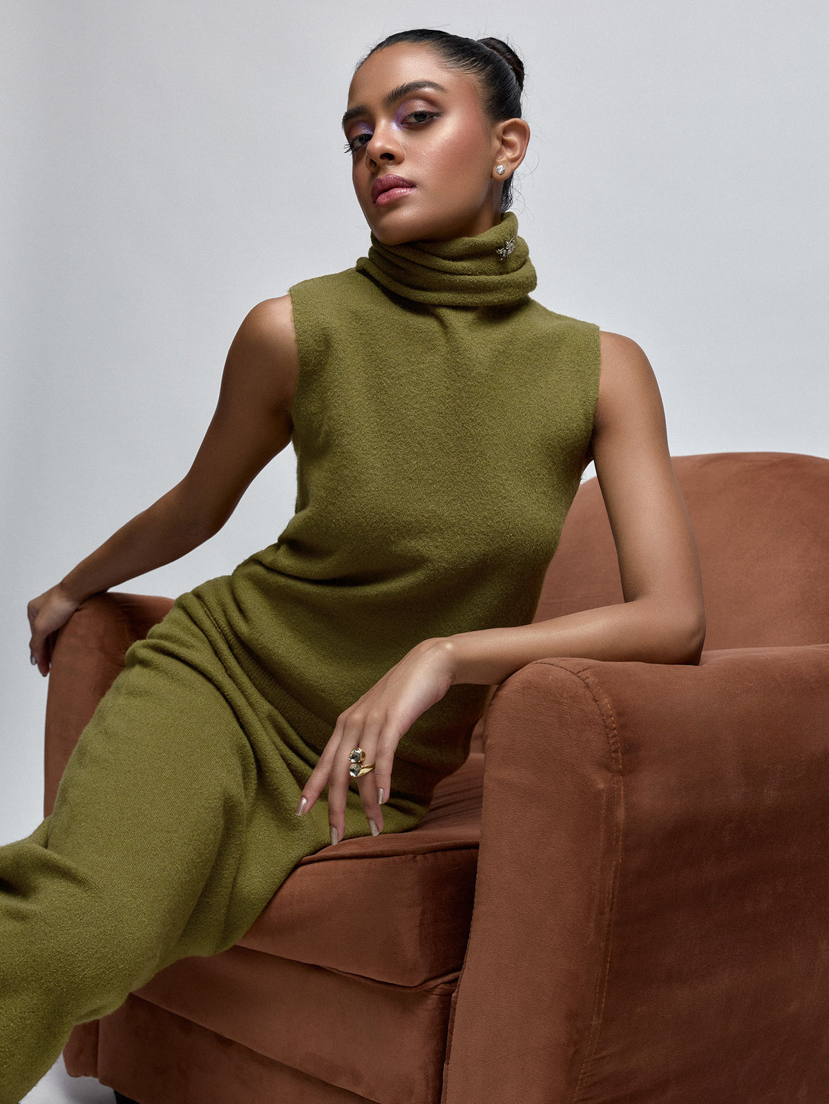 Olive Fuzzy Yarn Cowl Neck Top