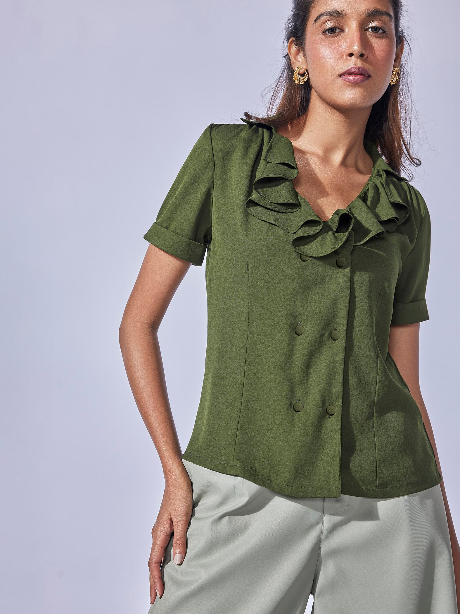 Olive Ruffled Collar Top