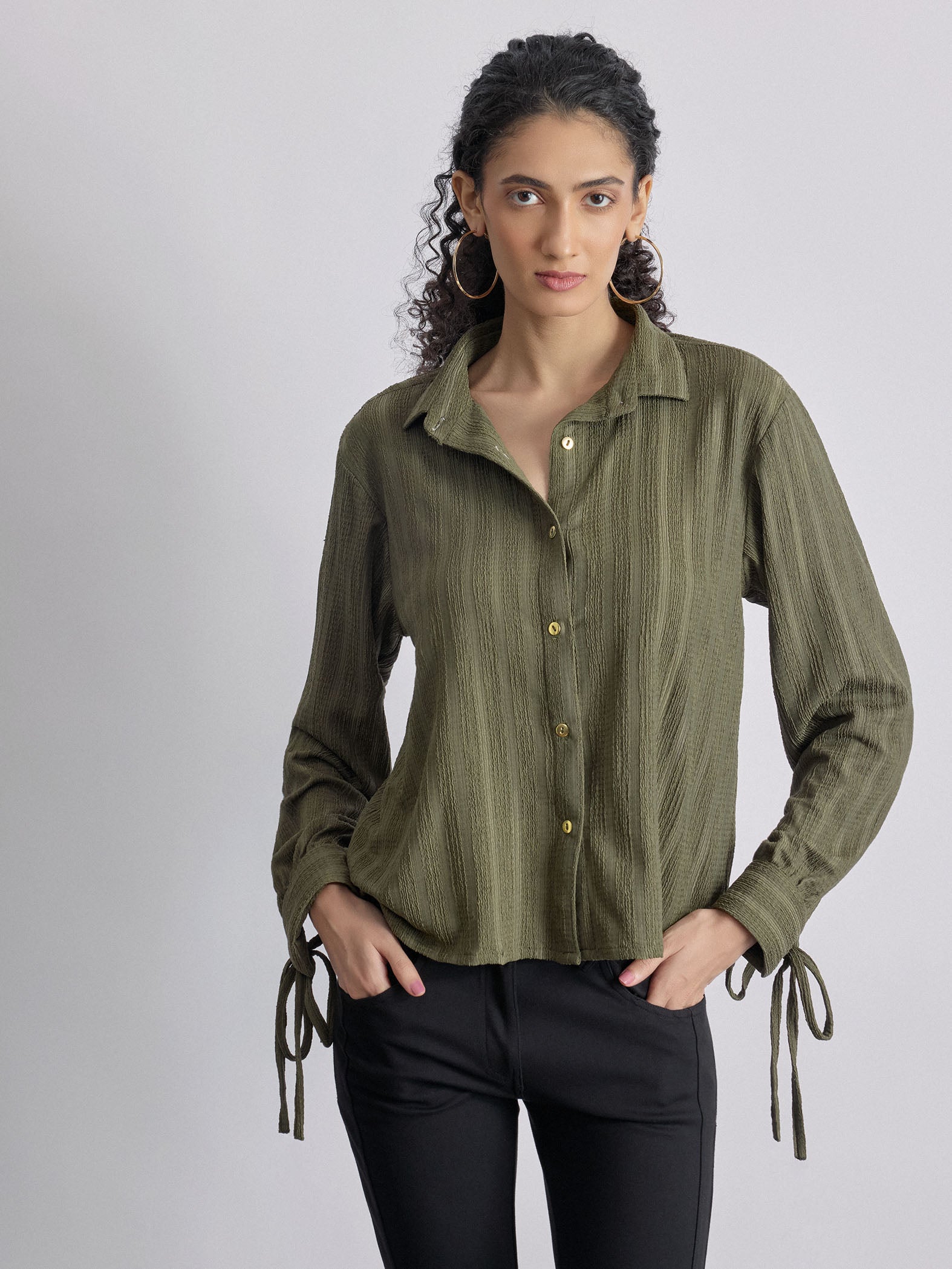 Olive Sleeve Tie Up Shirt