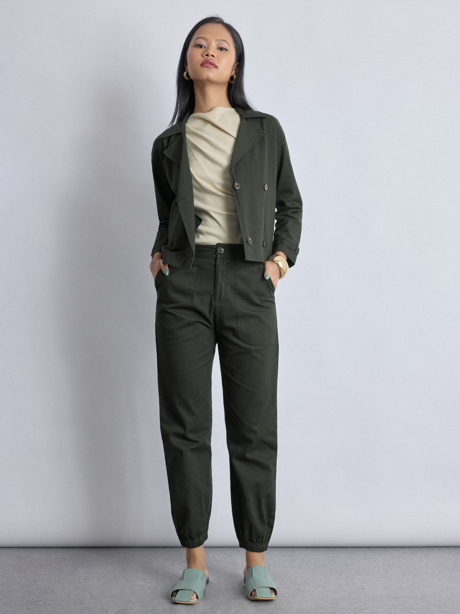 Olive Twill Lapel Collar Jacket