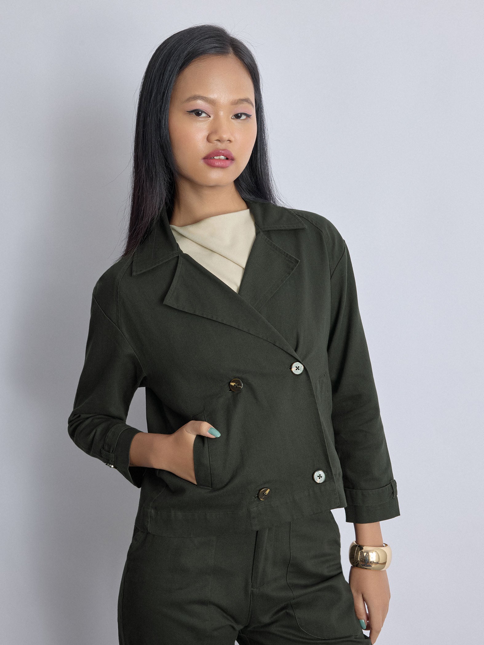 Olive Twill Lapel Collar Jacket