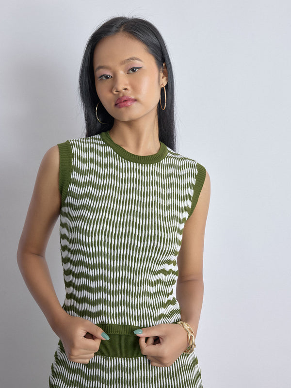 Olive Wave Jacquard Knit Top