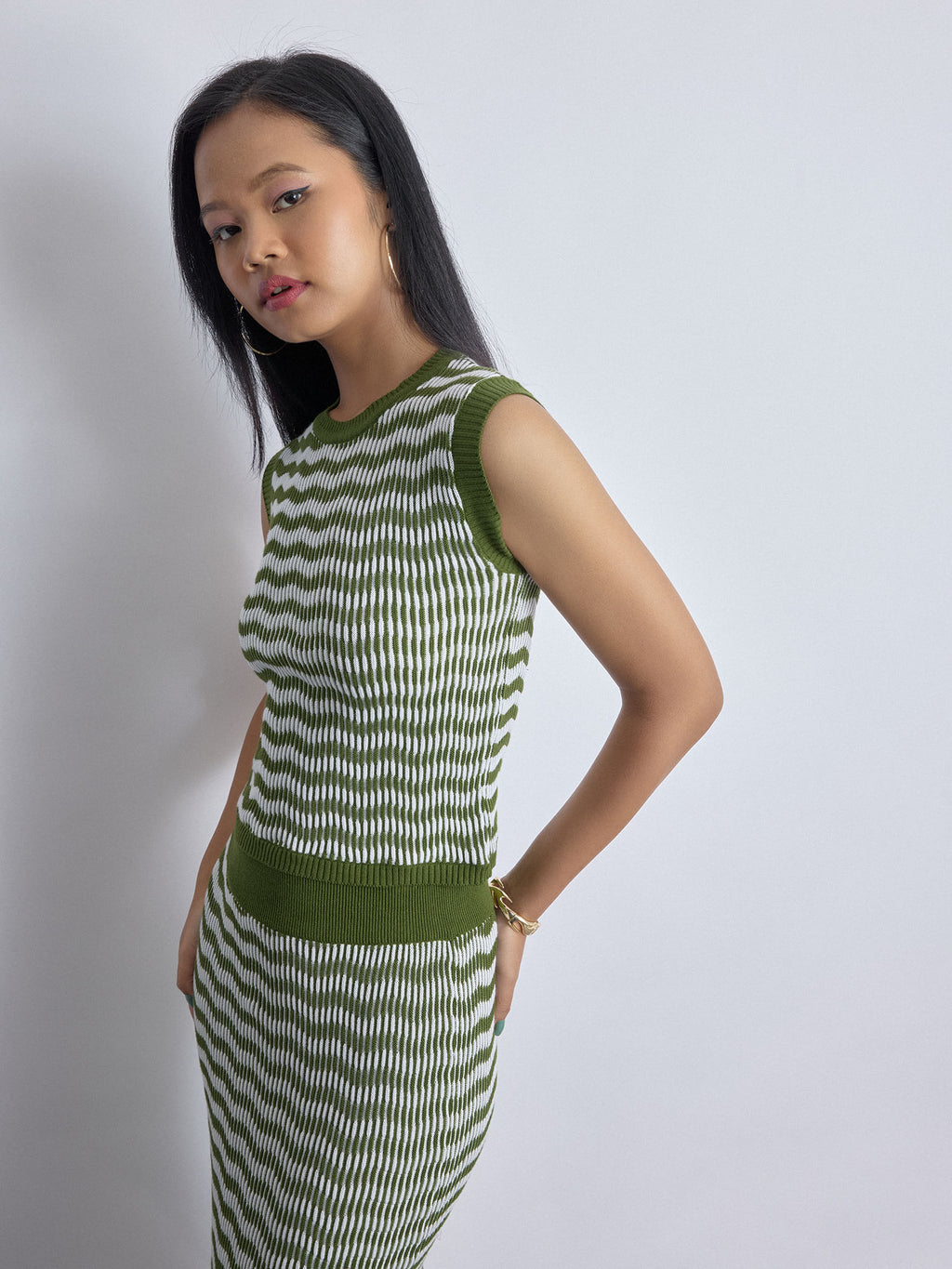 Olive Wave Jacquard Knit Top