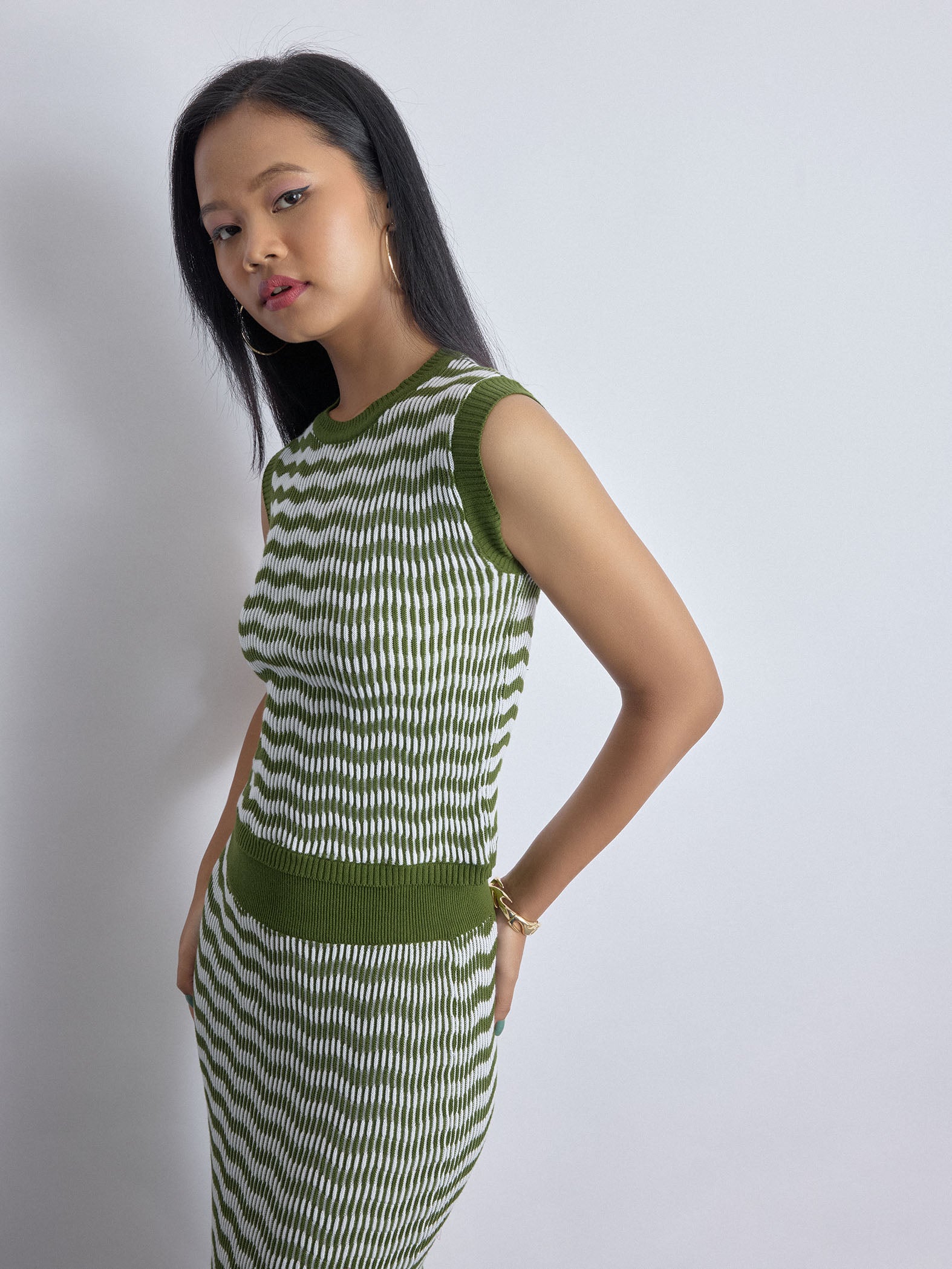 Olive Wave Jacquard Knit Top