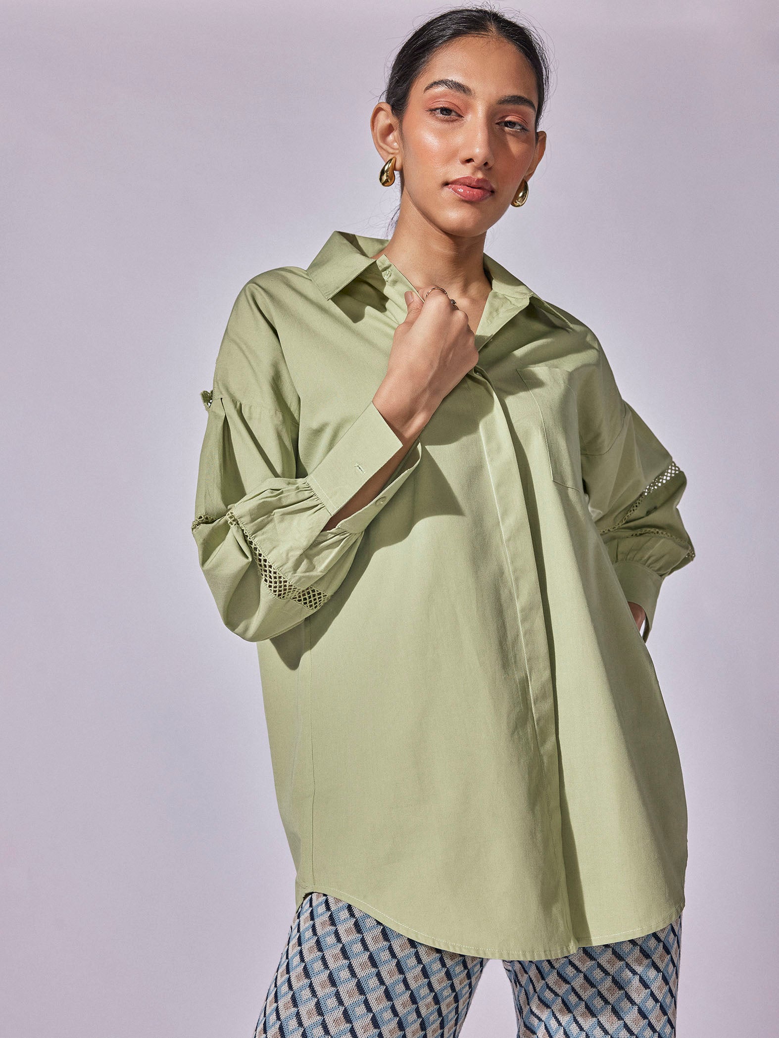 Olive Yoke Lace Insert Shirt