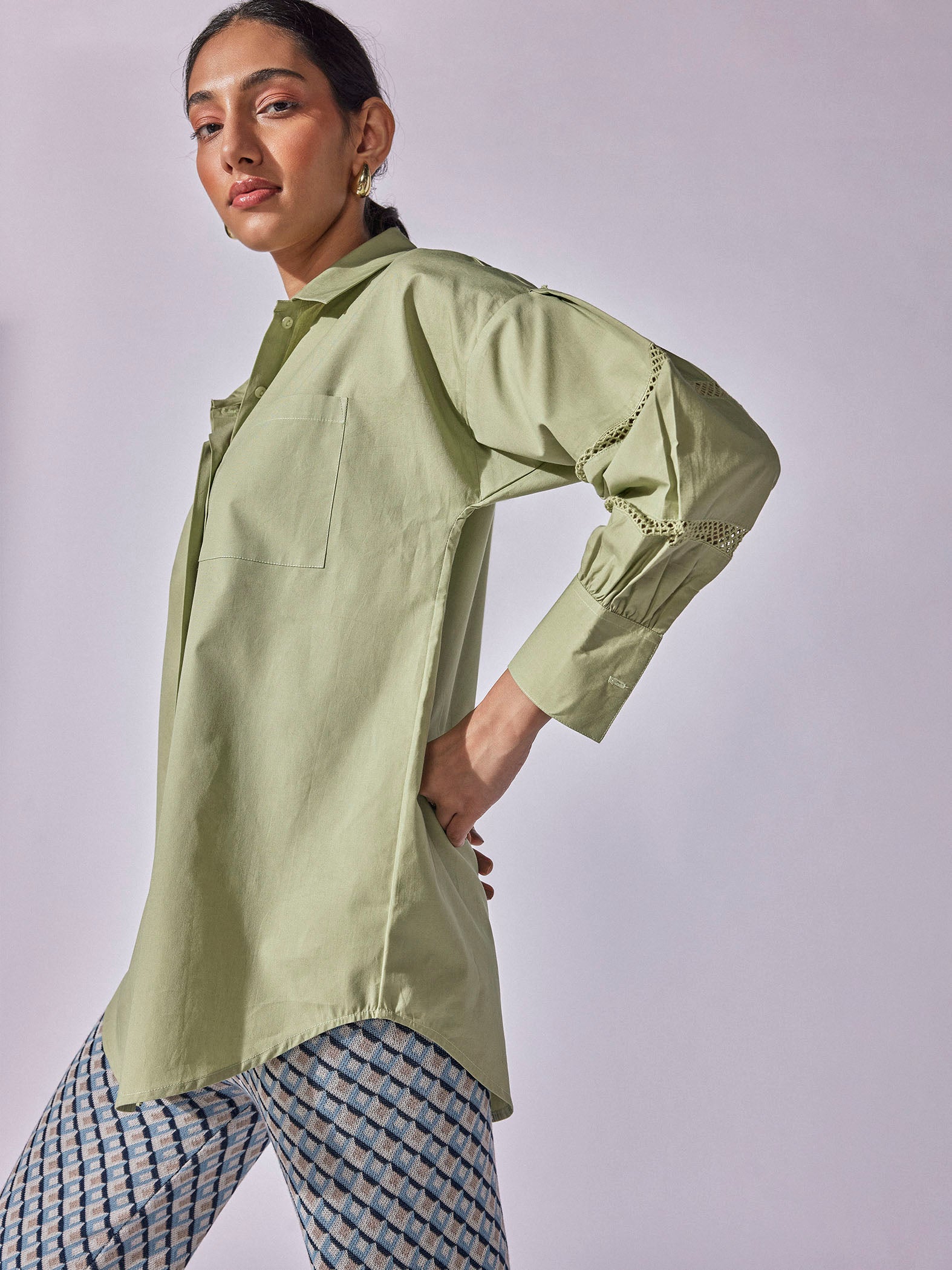 Olive Yoke Lace Insert Shirt