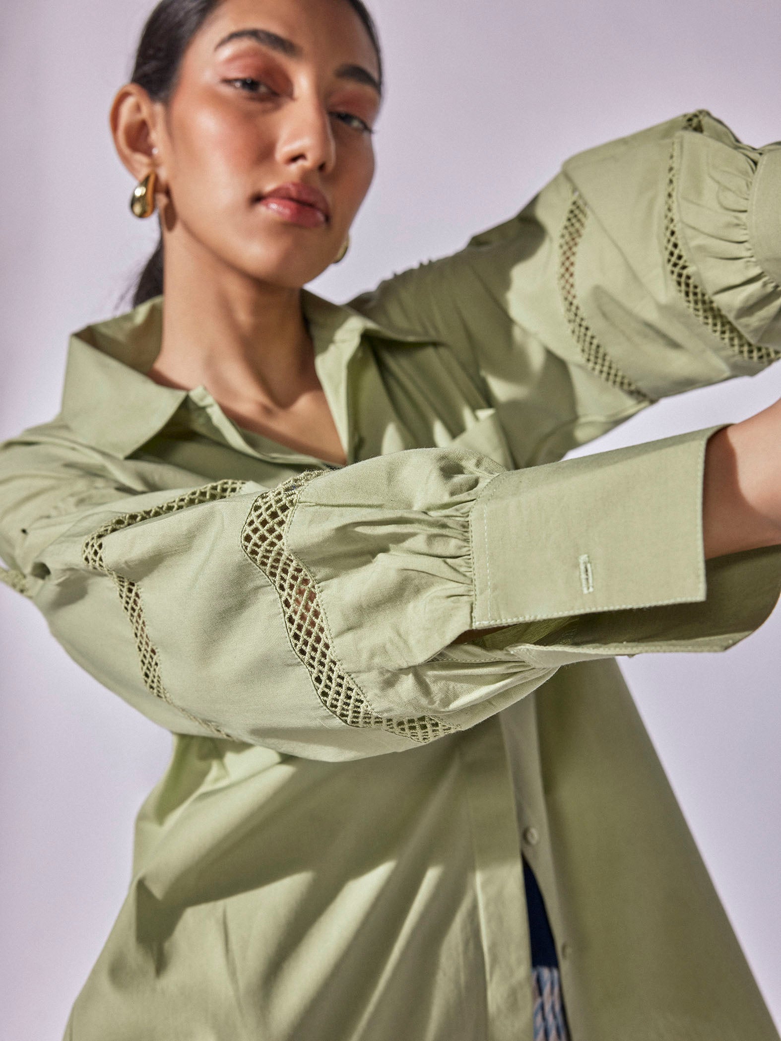 Olive Yoke Lace Insert Shirt