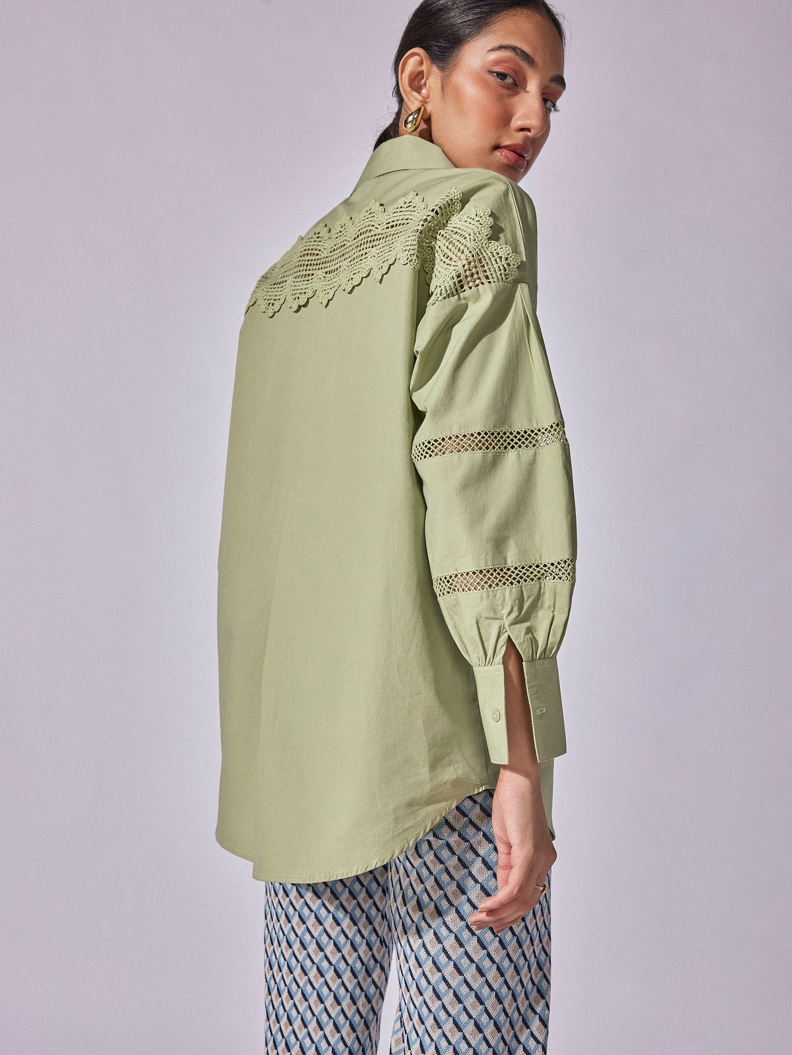 Olive Yoke Lace Insert Shirt