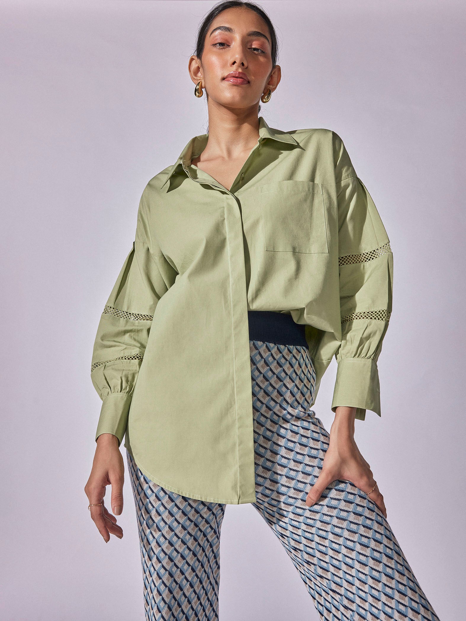 Olive Yoke Lace Insert Shirt