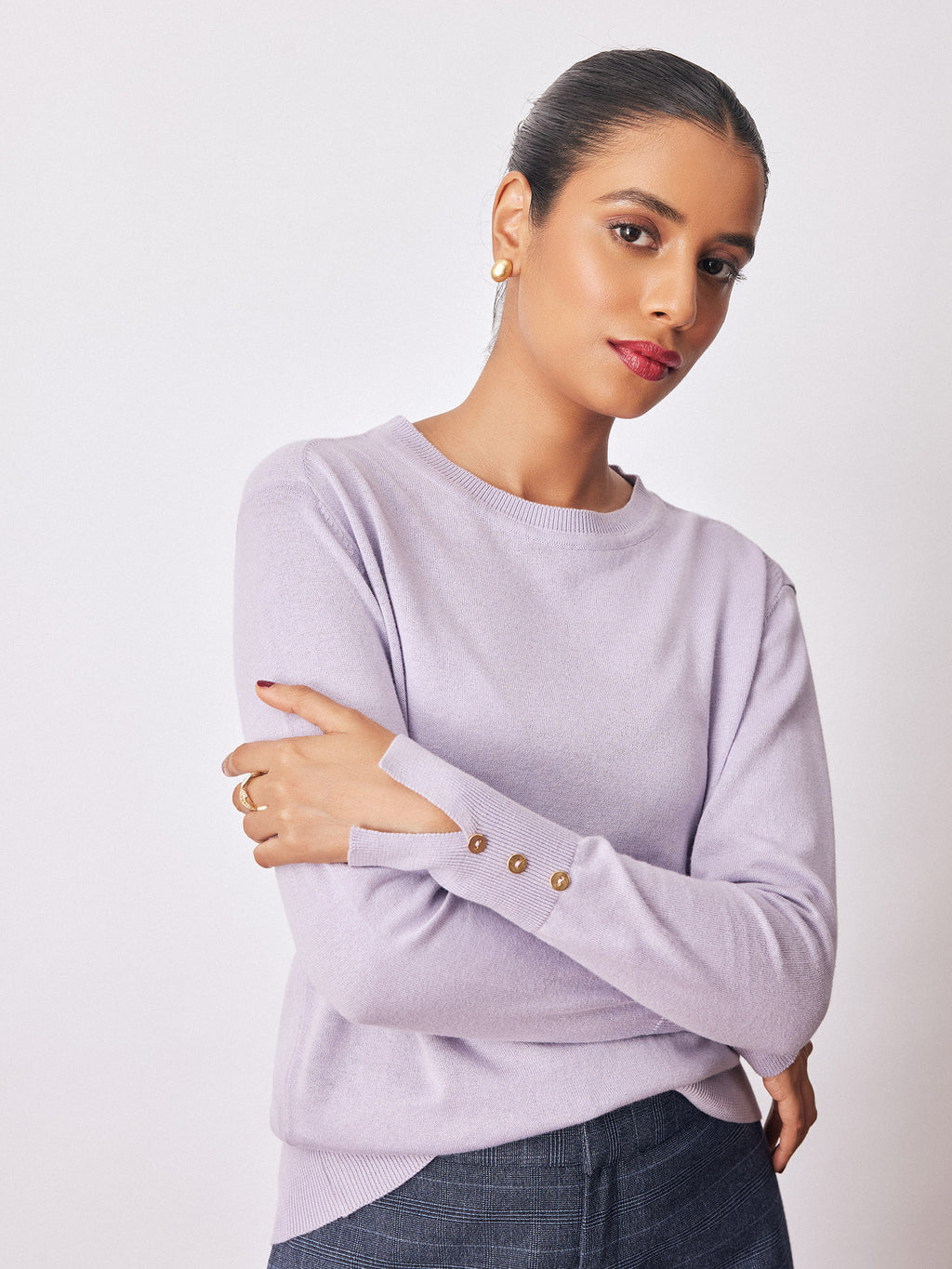 Pale Lilac Buttoned Cuff Knit Top