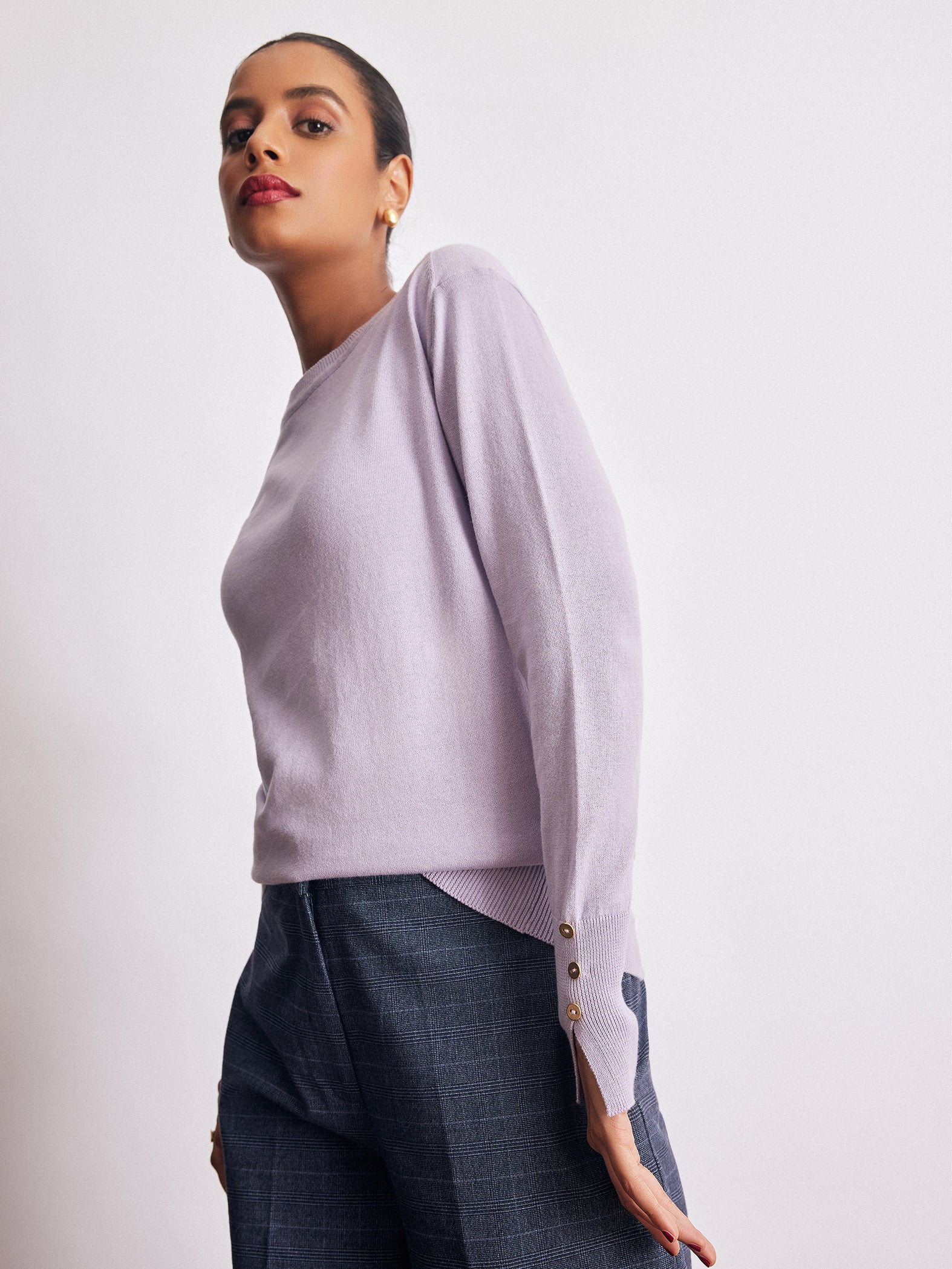 Pale Lilac Buttoned Cuff Knit Top