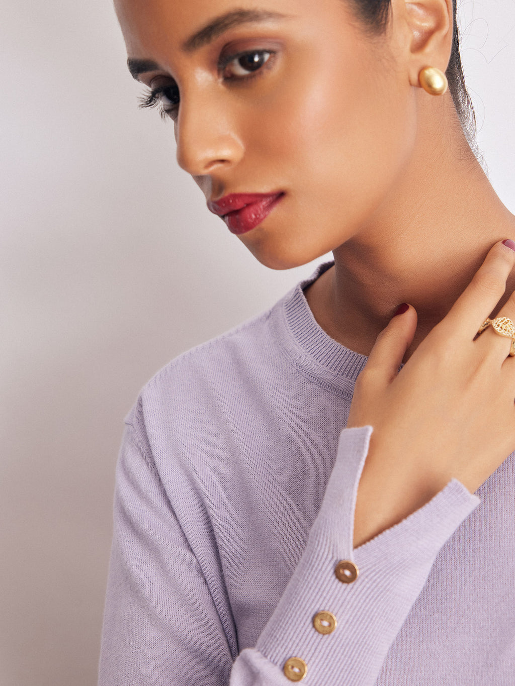 Pale Lilac Buttoned Cuff Knit Top