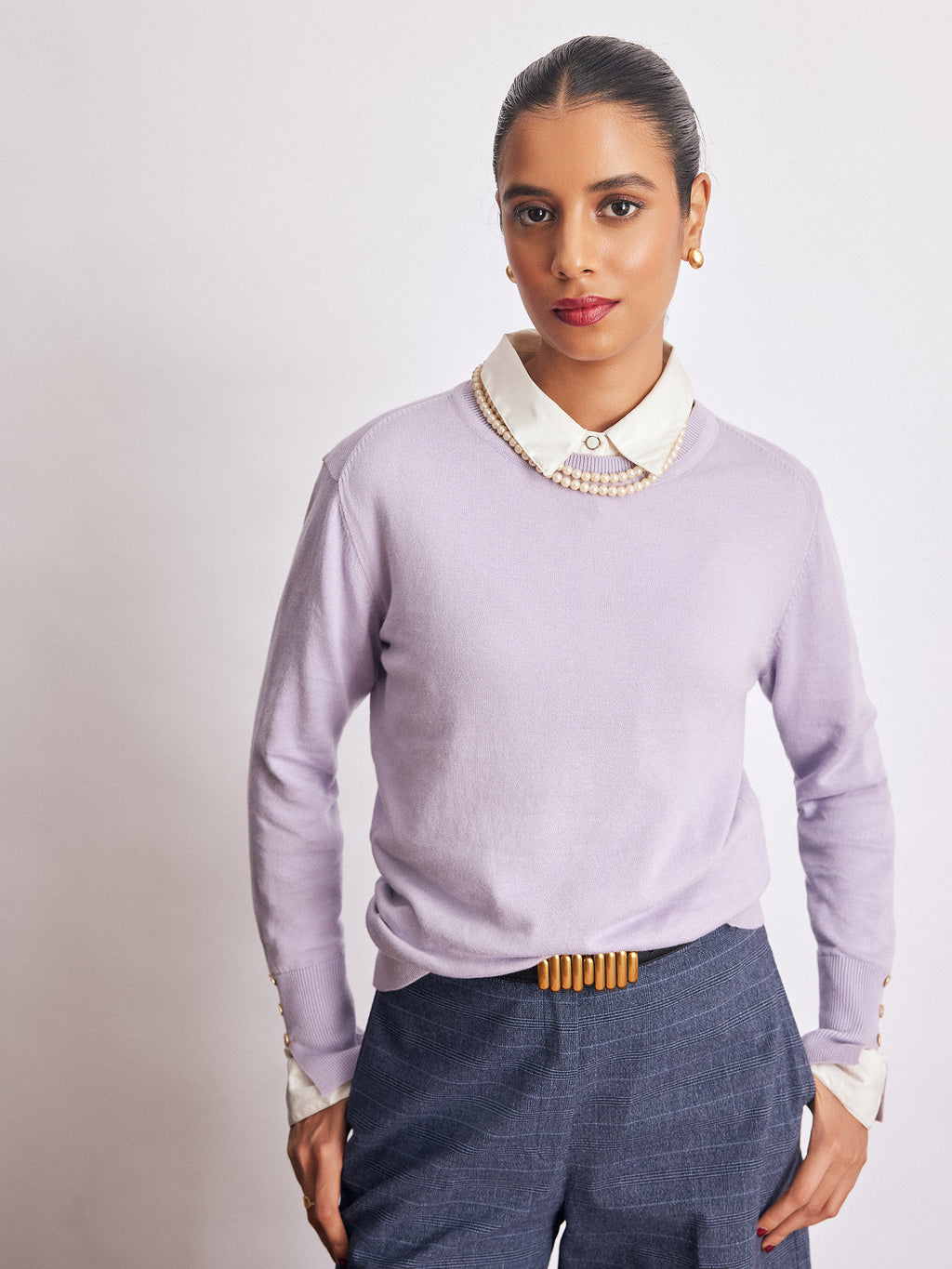 Pale Lilac Buttoned Cuff Knit Top