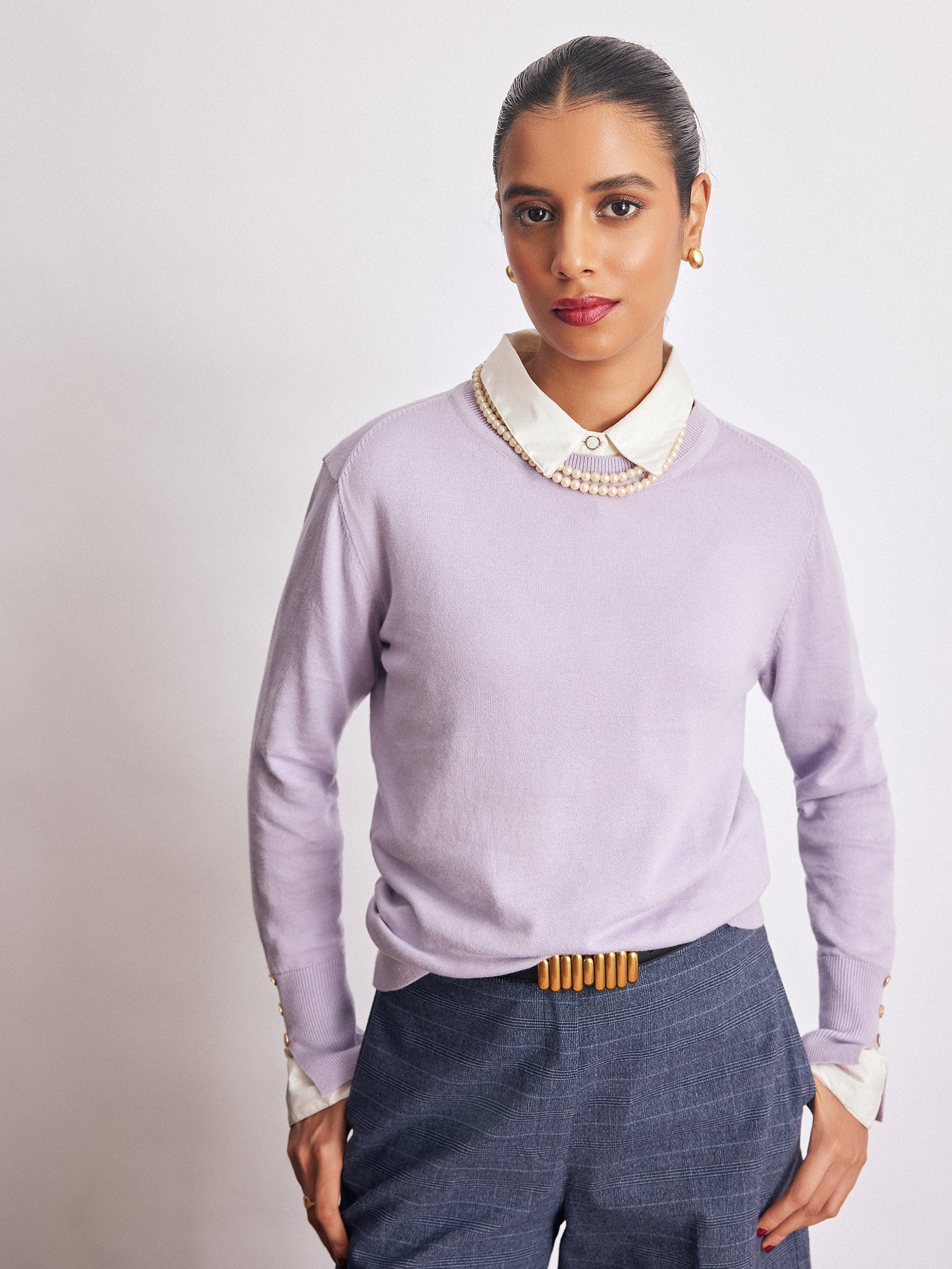Pale Lilac Buttoned Cuff Knit Top