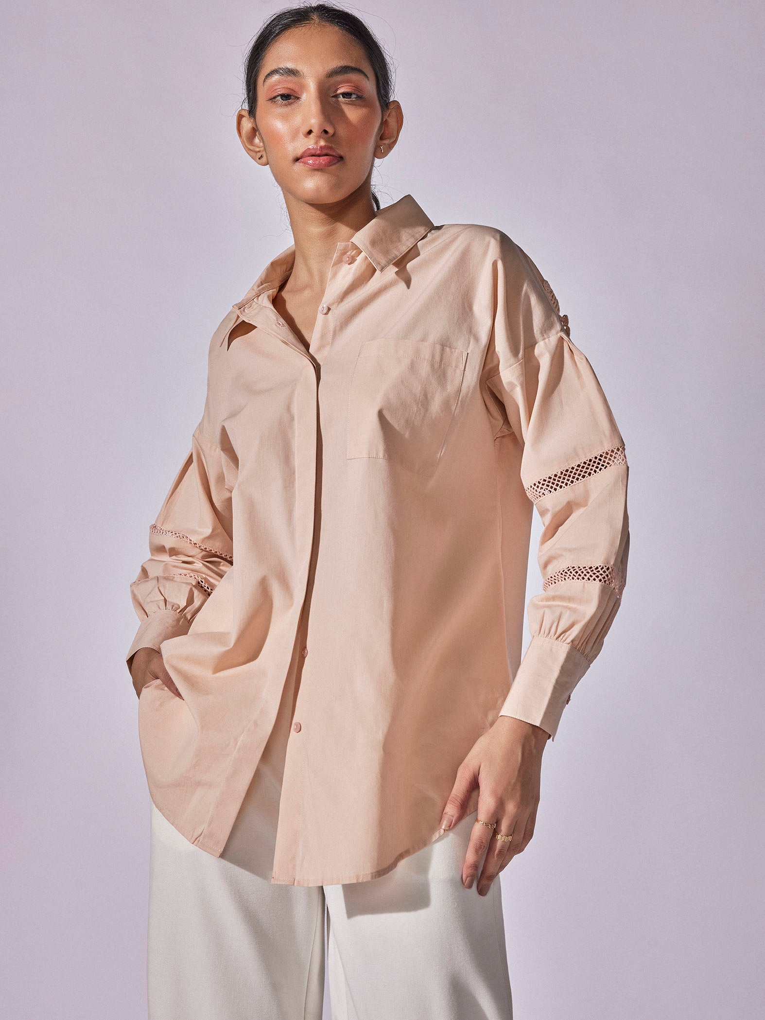 Peach Yoke Lace Insert Shirt