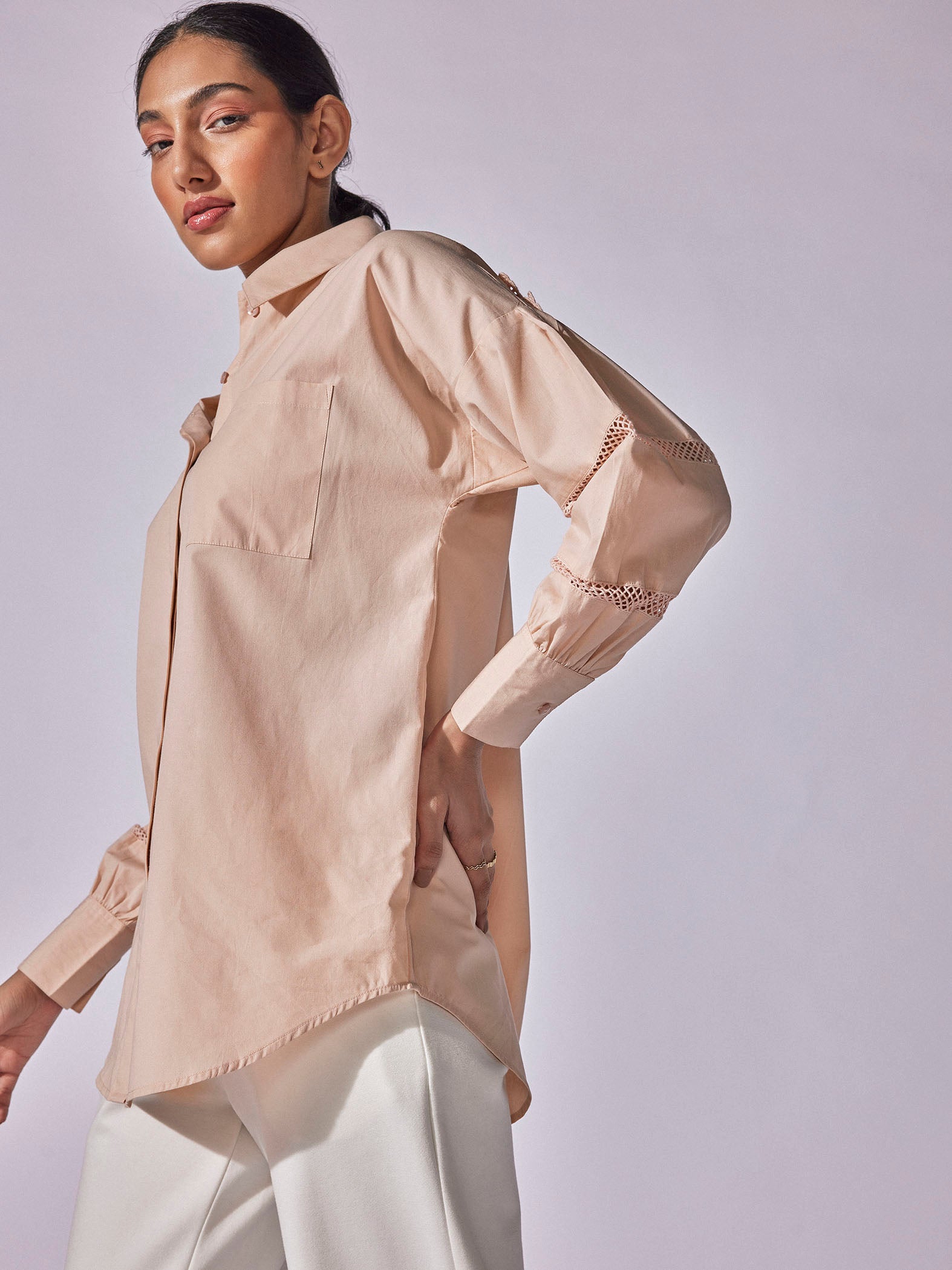 Peach Yoke Lace Insert Shirt