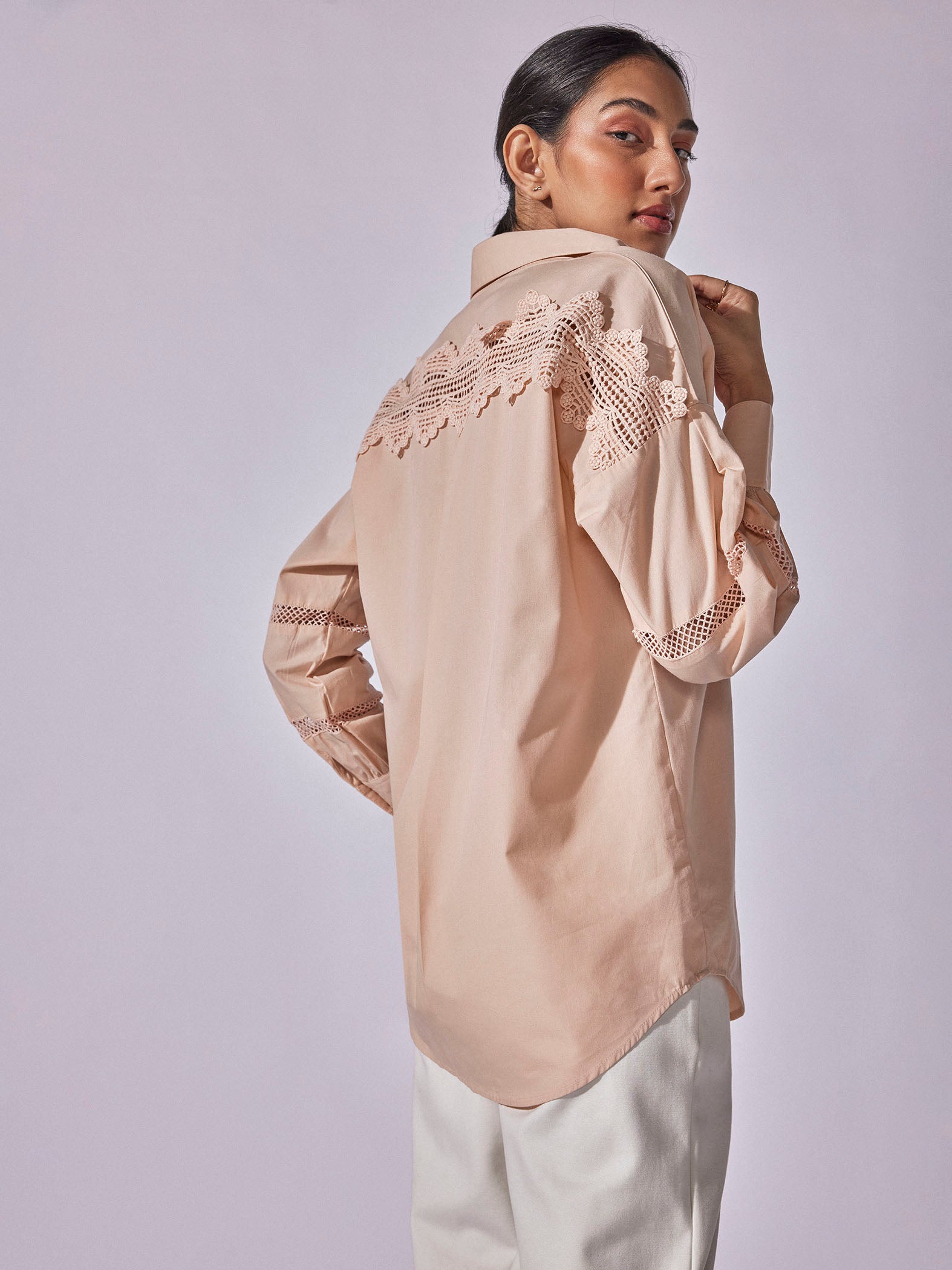 Peach Yoke Lace Insert Shirt