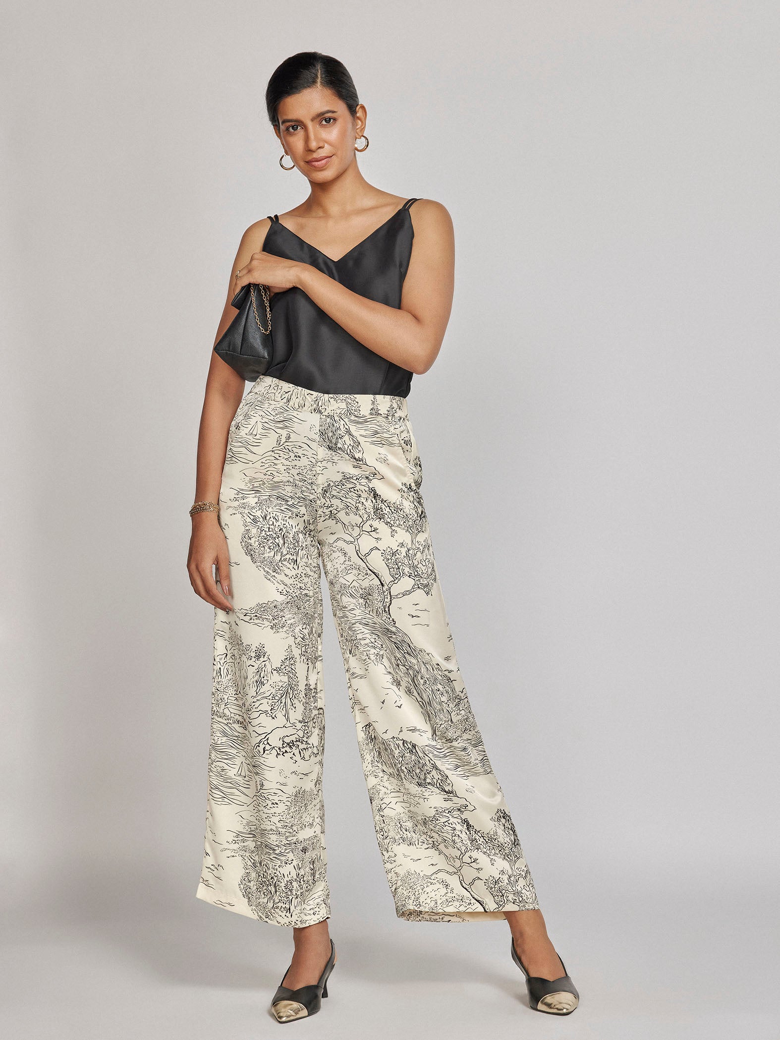 Pearl Satin Printed Flare Pants